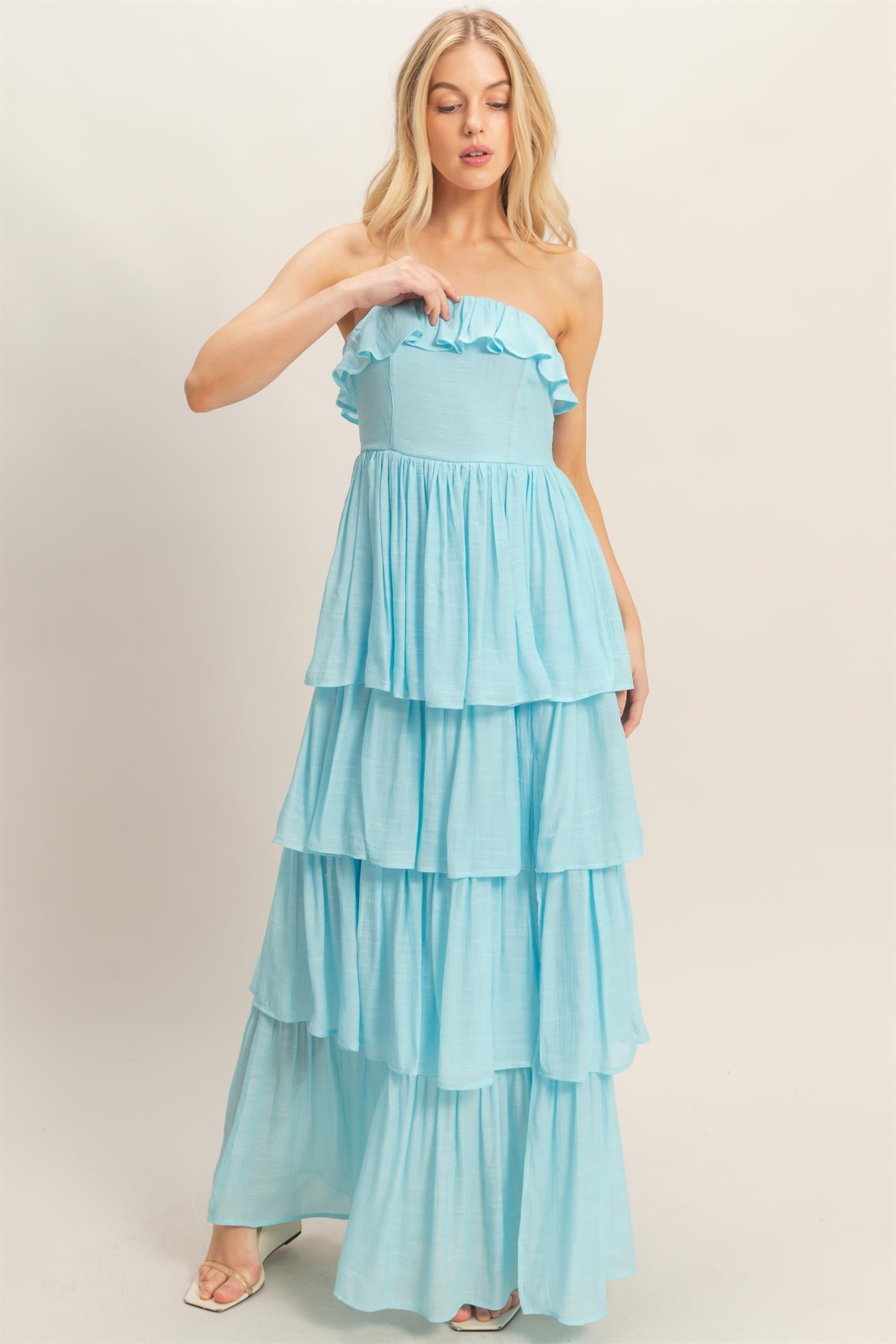 Wholesale Tiered Strapless Ruffle Dress Dresses HF26A616-D LIGHT BLUE HYFVE