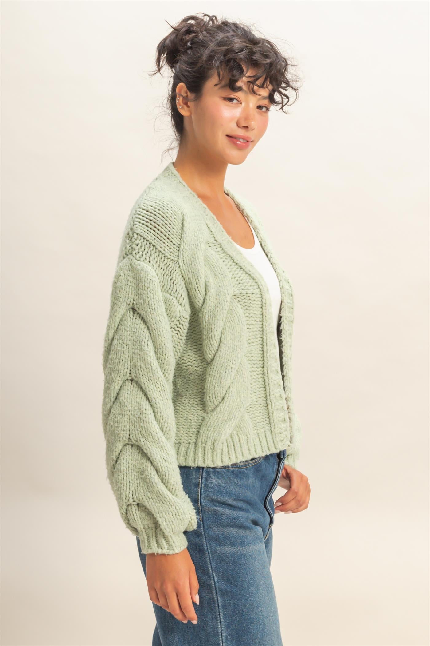 Wholesale Oversized Cable Knit Open Front Cardigan Sweater Cardigans DZ25F072 SAGE GREEN DOUBLE ZERO