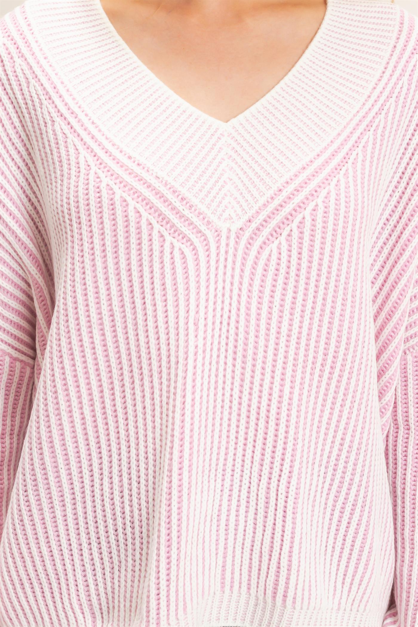 Wholesale Striped V-Neck Ribbed Sweater Sweaters HF26F202 PINK HYFVE