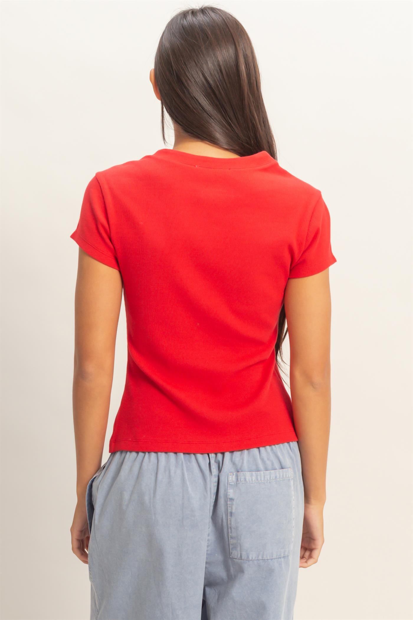 Wholesale Ribbed Button-Front Crew Neck Top Clothing Tops DZ26A727 RED DOUBLE ZERO