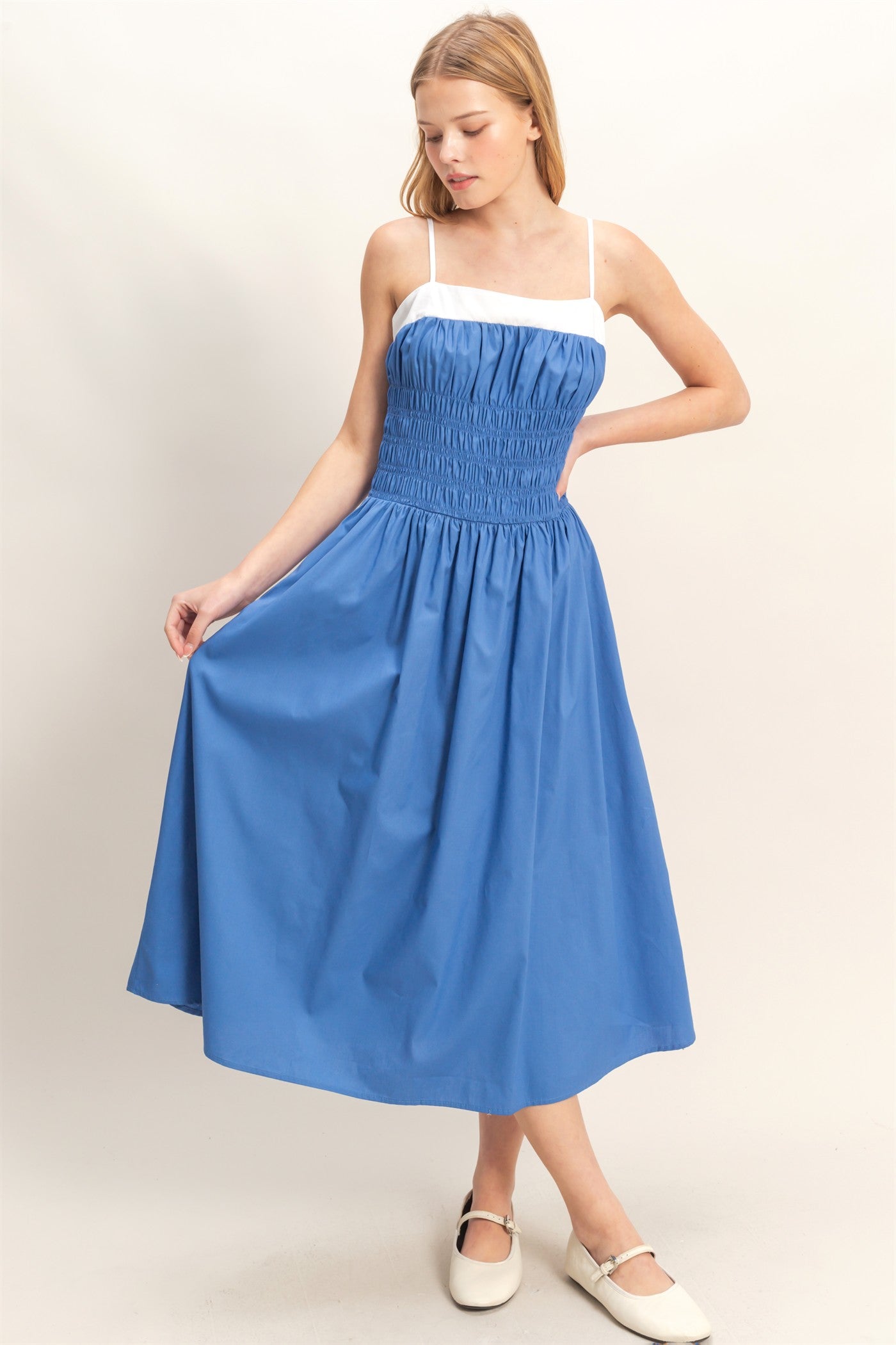 Wholesale Smocked Strapped Midi Dress Dresses HF26A624 BLUE HYFVE