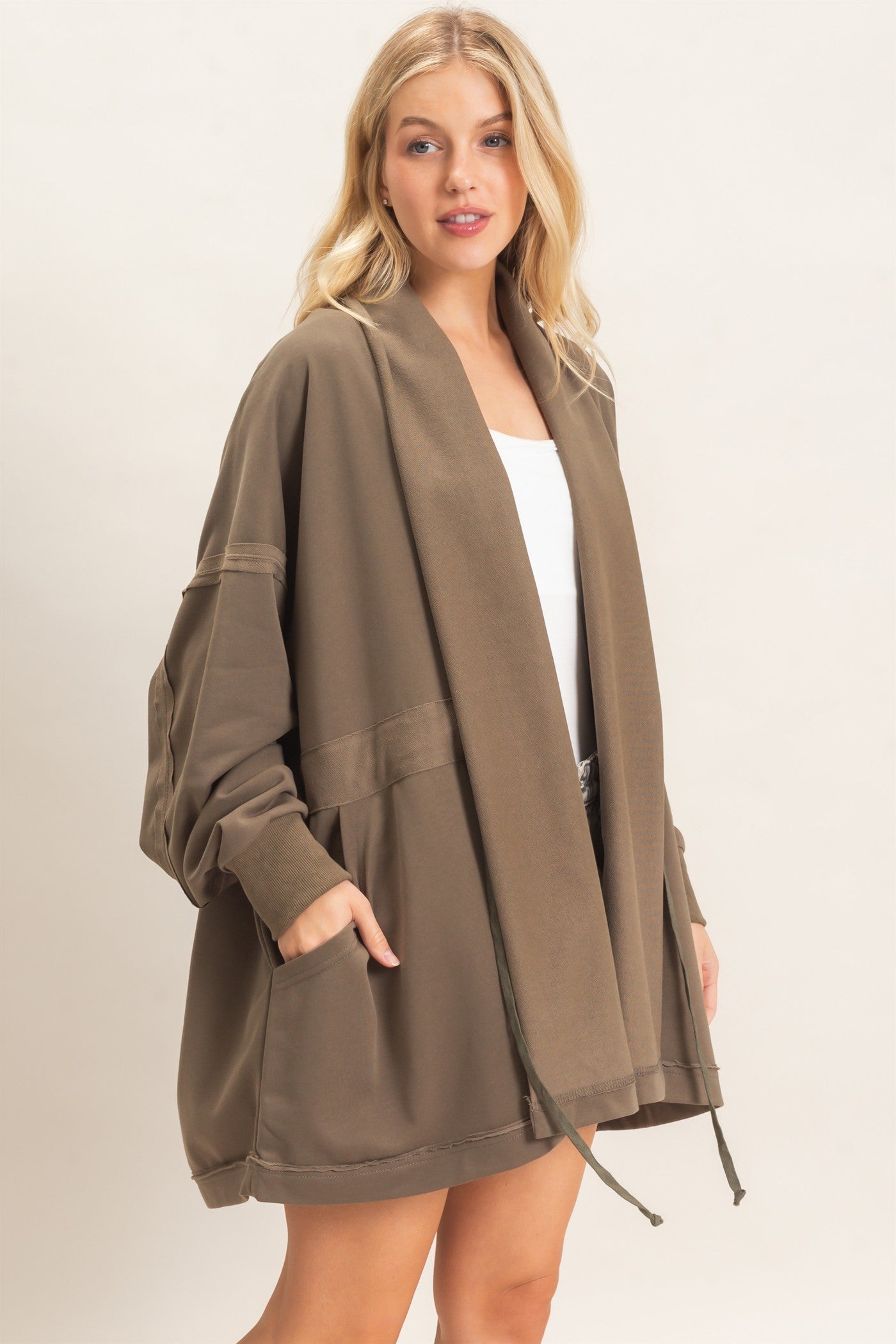 Wholesale Open Front Tie Waist Cardigan Cardigans HF26C778 OLIVE HYFVE