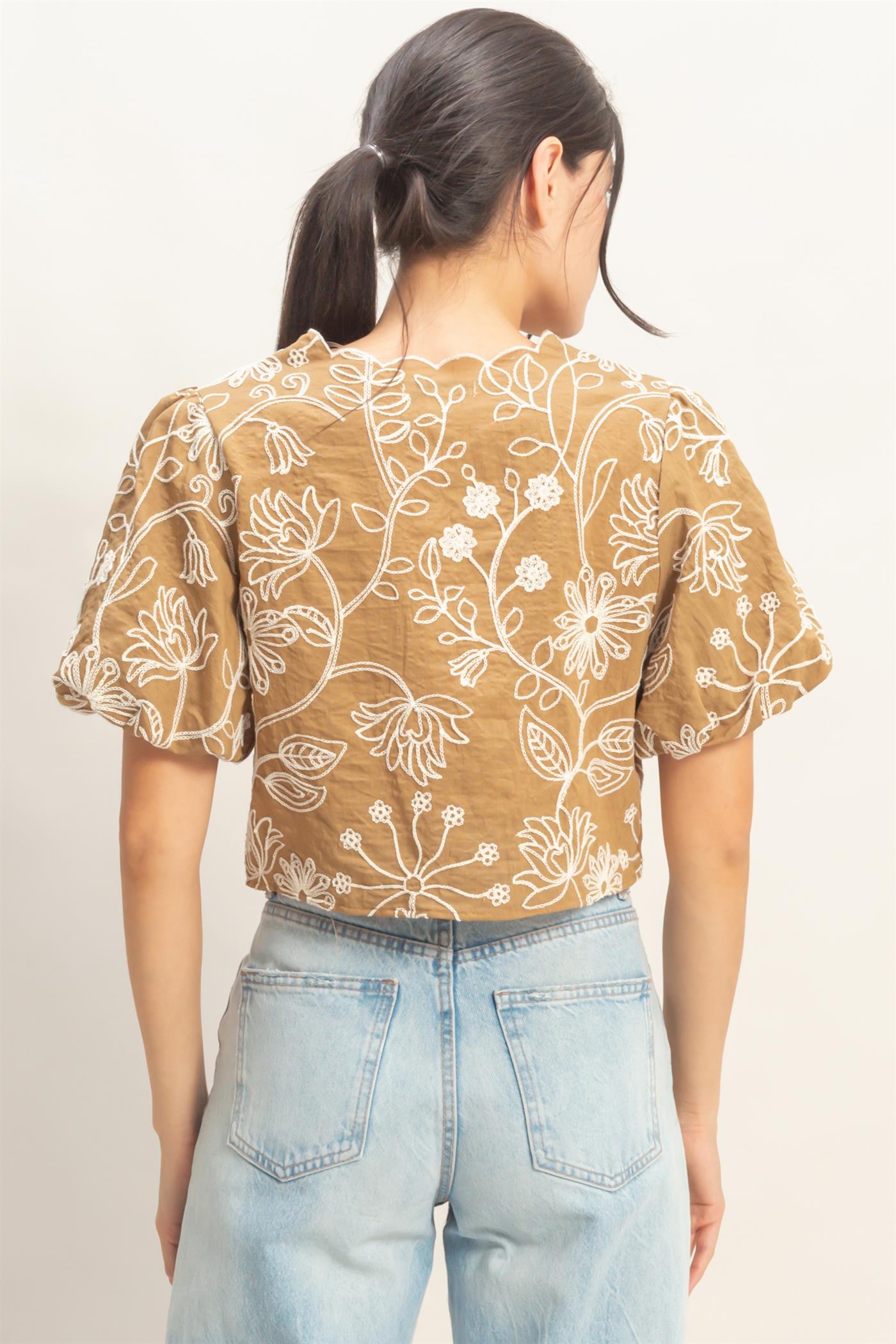 Wholesale Floral Embroidered Tie-Front Top Blouses HF26C556-D LIGHT BROWN HYFVE