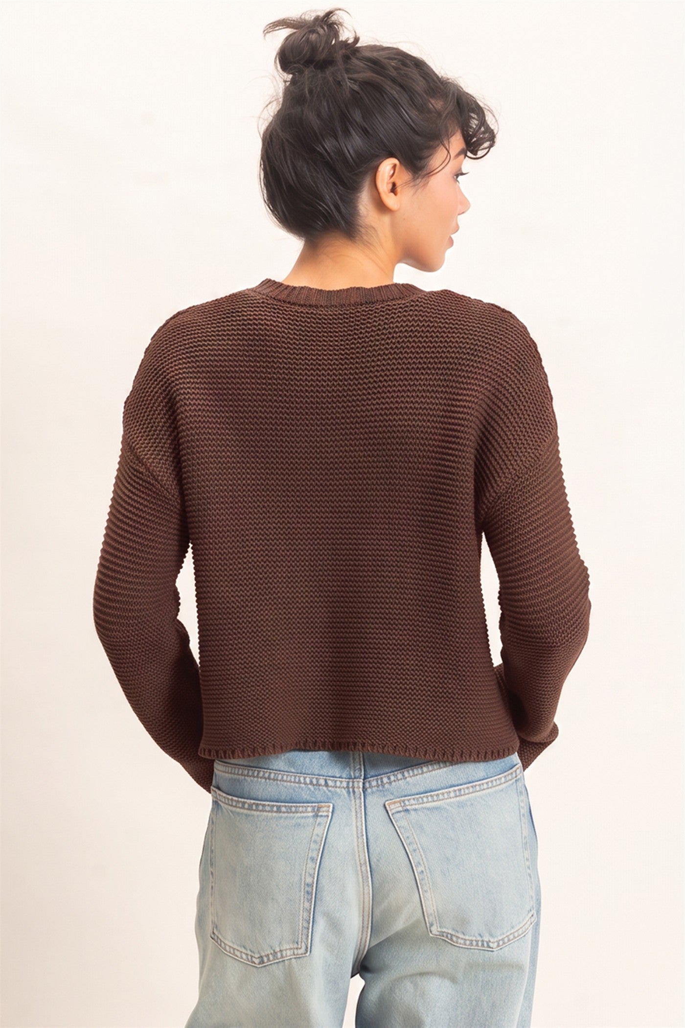 Wholesale Textured Knit Crew Neck Sweater Sweaters DZ26F395 DARK BROWN DOUBLE ZERO