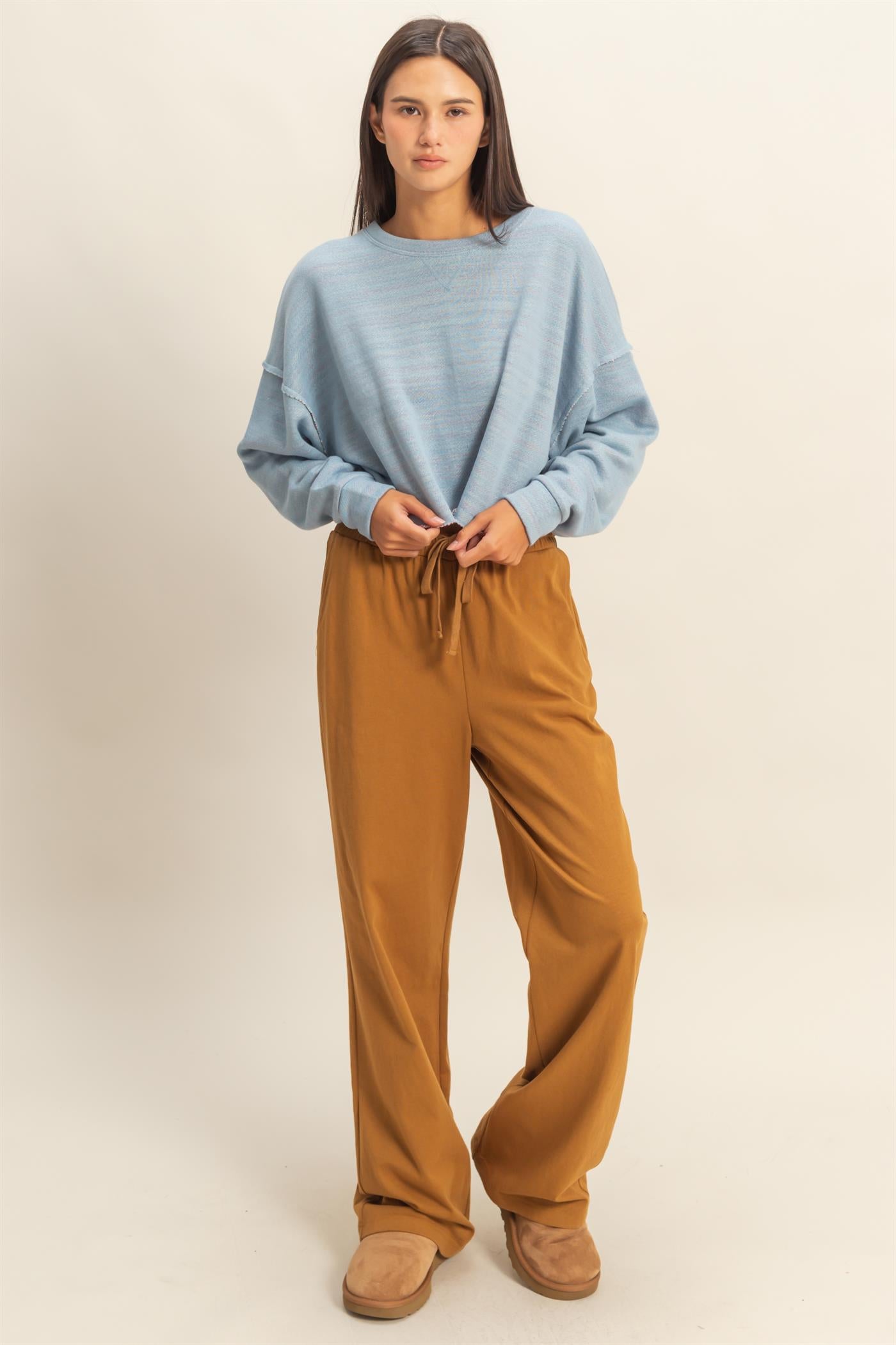 Wholesale Drop-Shoulder Cropped Top Clothing Tops DZ22G906 DUSTY BLUE DOUBLE ZERO