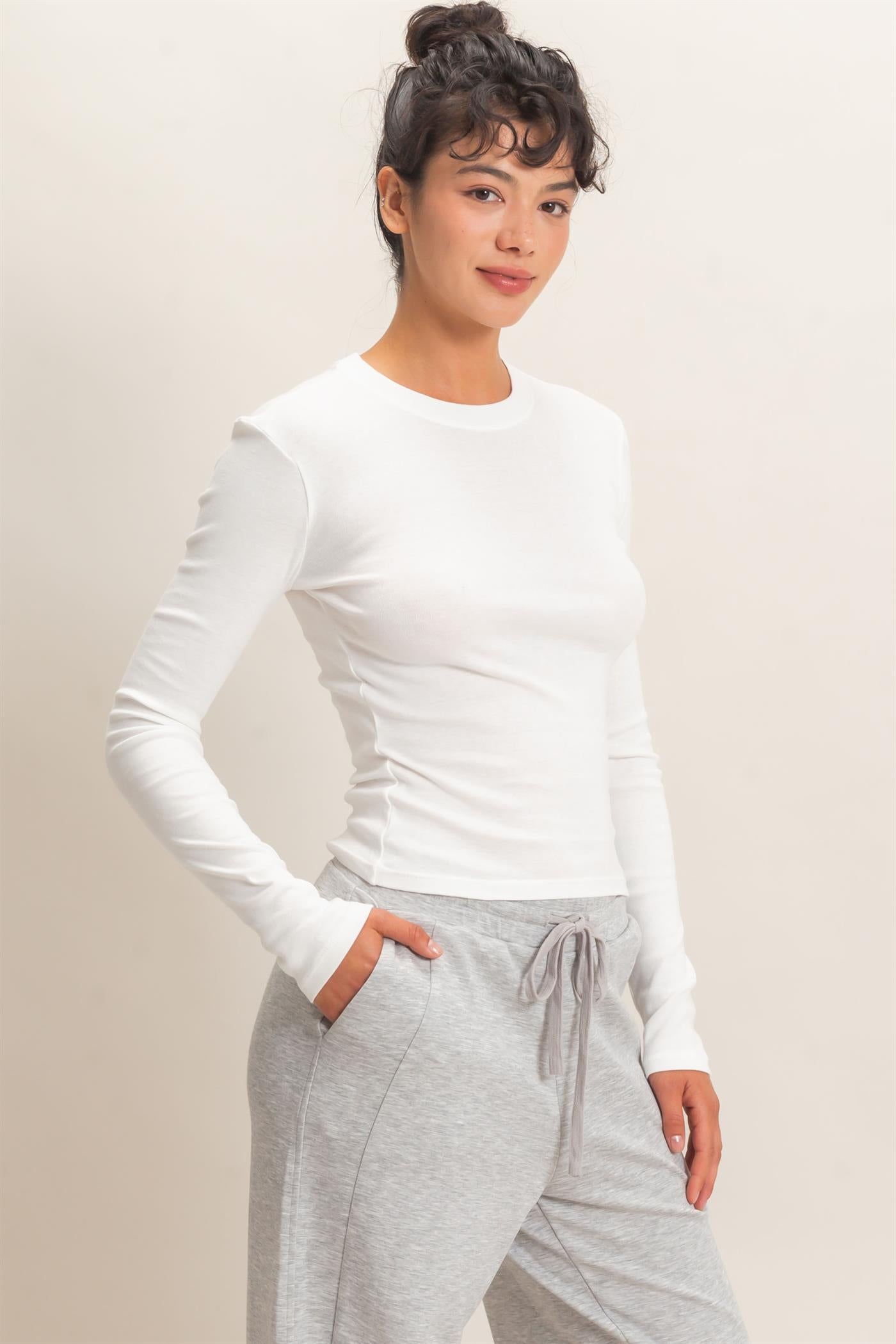 Wholesale Crew Neck Long Sleeve Top Clothing Tops DZ26E184 WHITE DOUBLE ZERO