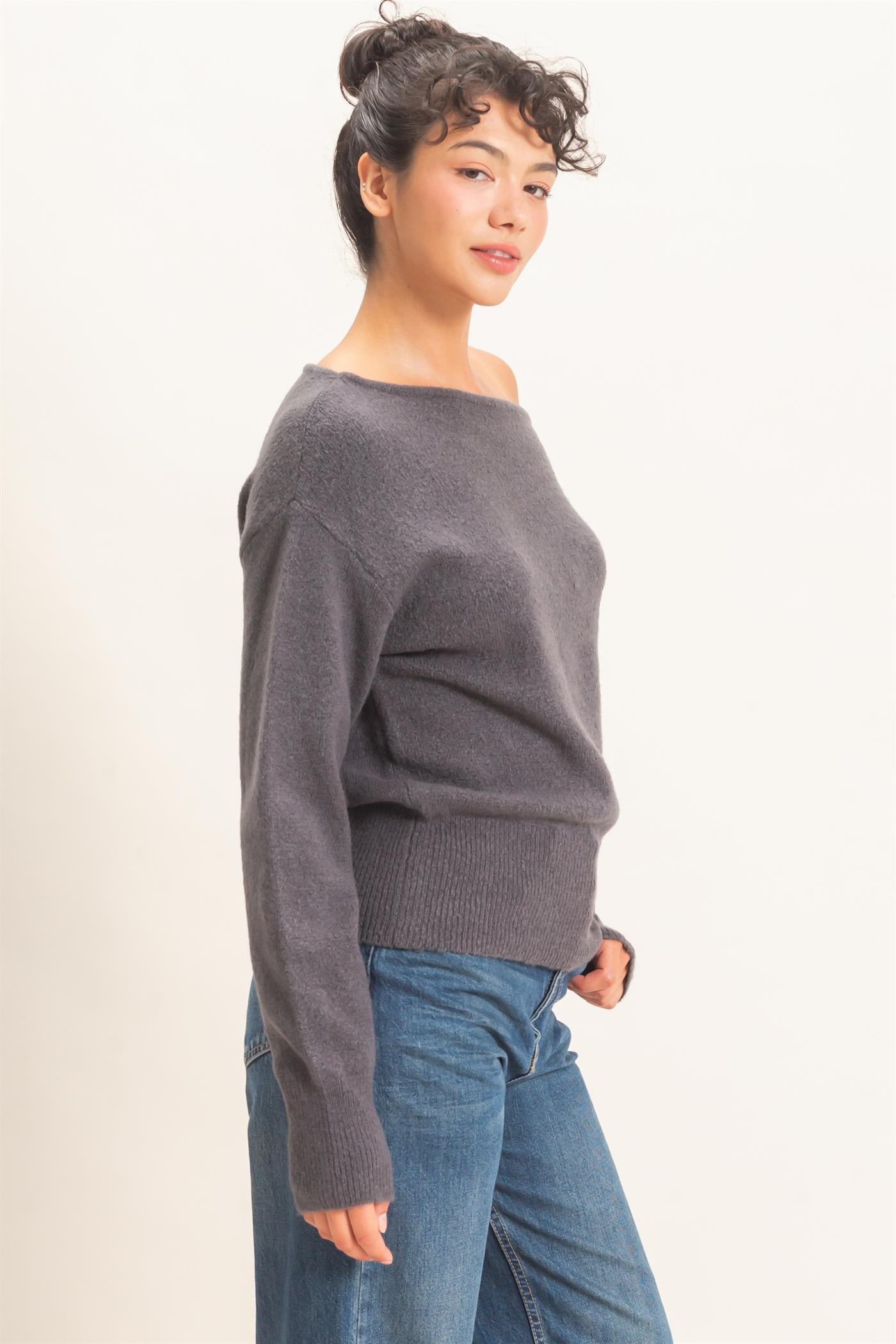 Wholesale Off The Shoulder Sweater Top Sweaters DZ26F290 CHARCOAL DOUBLE ZERO