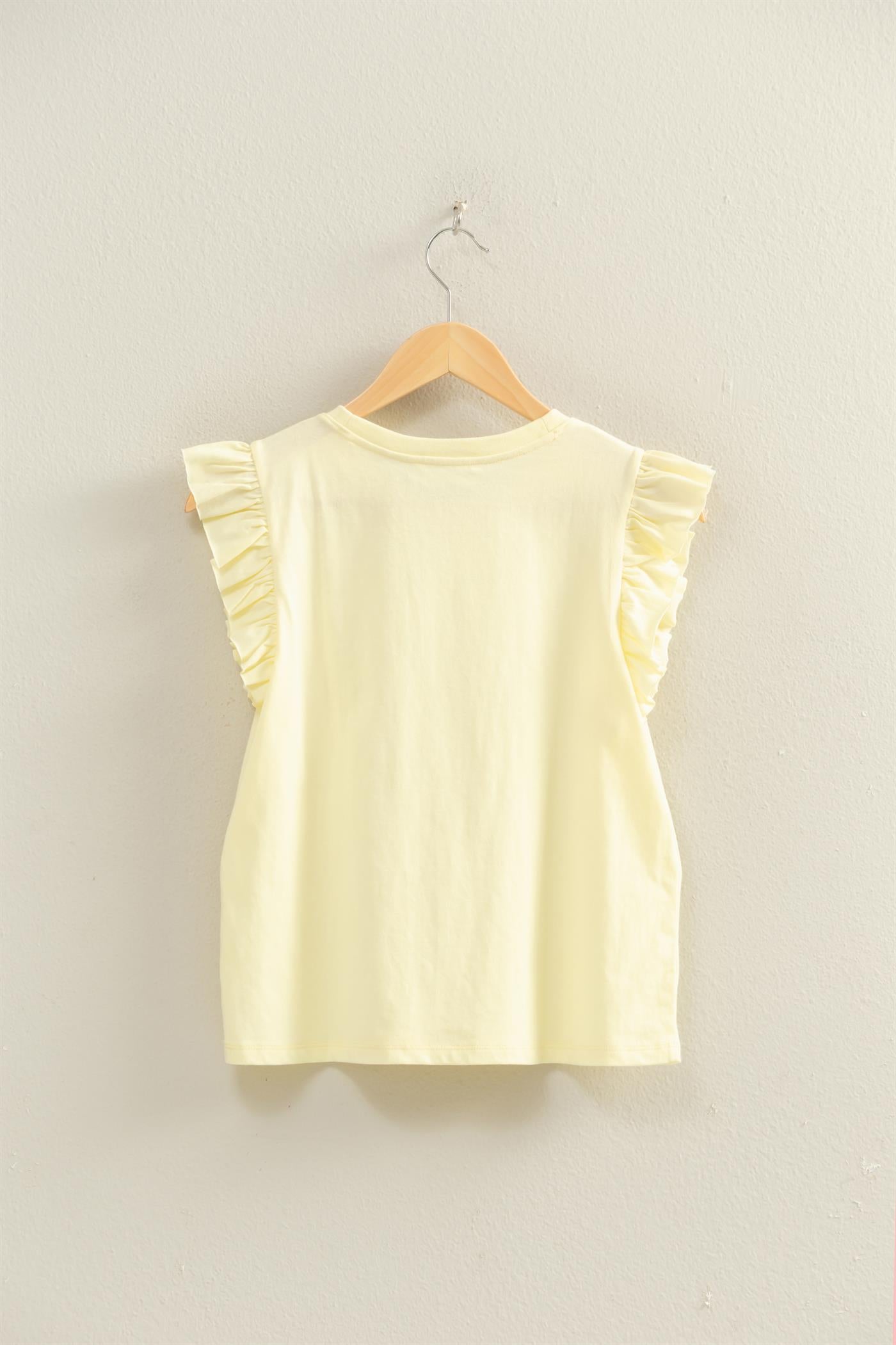 Wholesale Ruffle Cap Sleeve Crew Neck Top Clothing Tops DZ26C070 PALE YELLOW DOUBLE ZERO