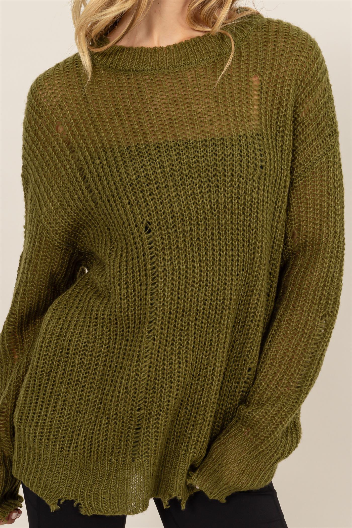 Wholesale Distressed Knit Sweater Sweaters DZ23F192 MOSS DOUBLE ZERO