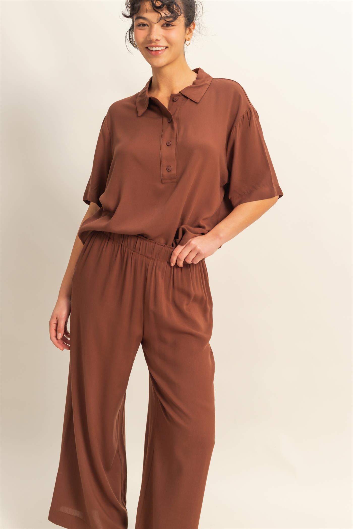 Wholesale High Waist Woven Wide Leg Pants Pants DZ25C192 CHESTNUT DOUBLE ZERO