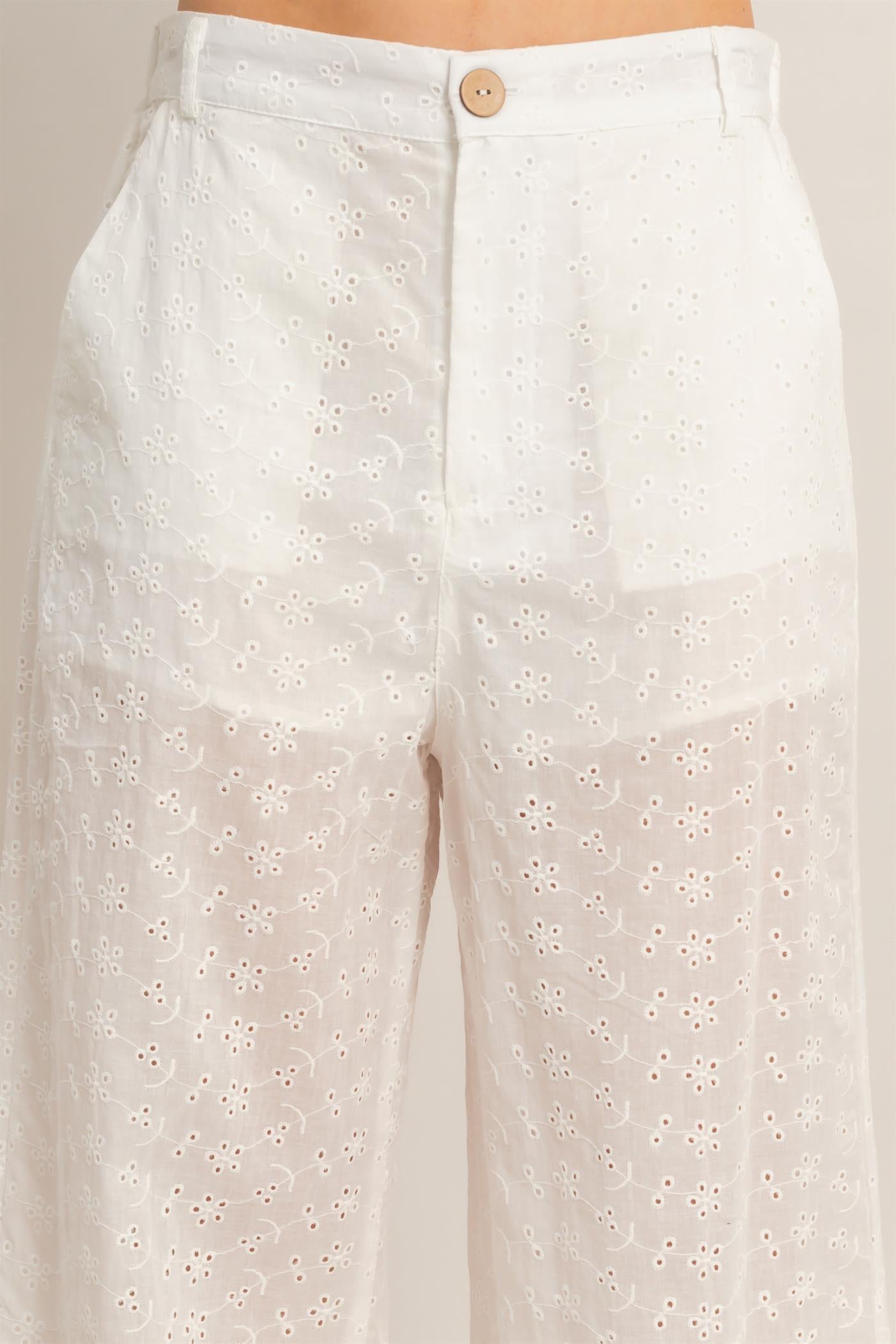 Wholesale Floral Eyelet Pants Pants HF26C542 WHITE HYFVE