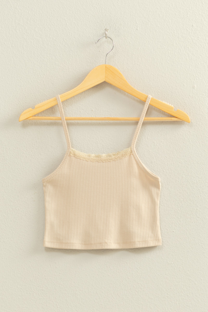 Wholesale Ribbed Lace Detail Cami Crop Top Clothing Tops DZ22C573 KHAKI DOUBLE ZERO