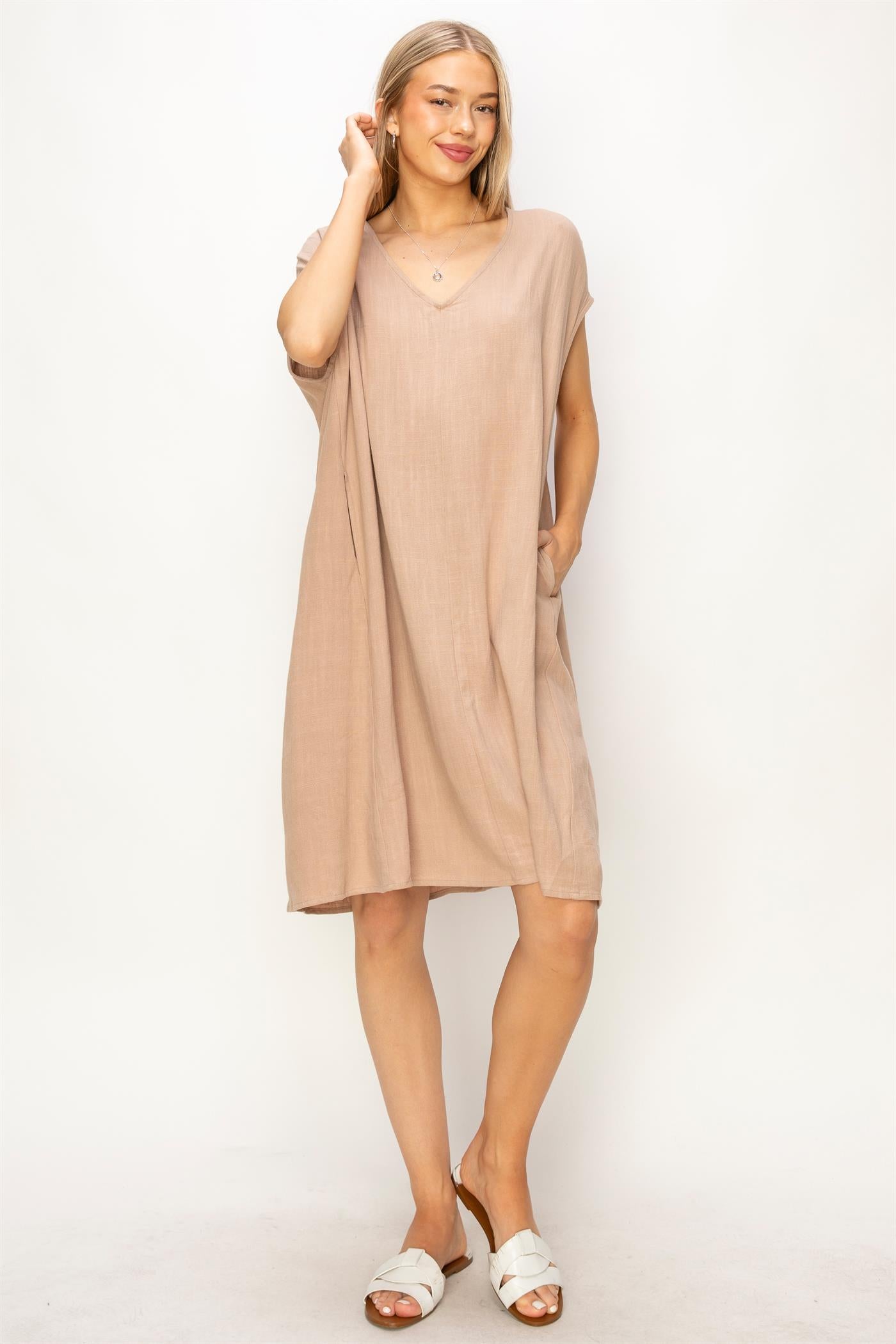 Wholesale V-Neck Oversized Linen Midi Dress Dresses DZ23E033-D TAN DOUBLE ZERO