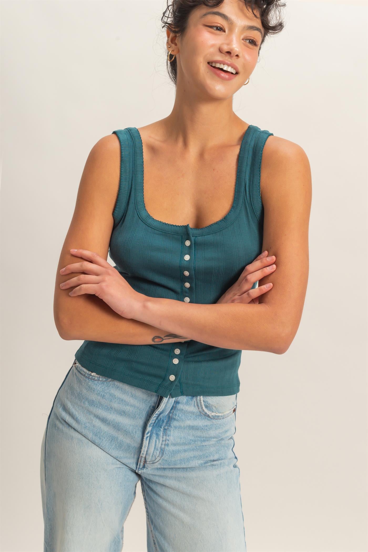 Wholesale Pointelle Button Front Scoop Neck Tank Top Tank Tops DZ26A775 DARK TEAL DOUBLE ZERO
