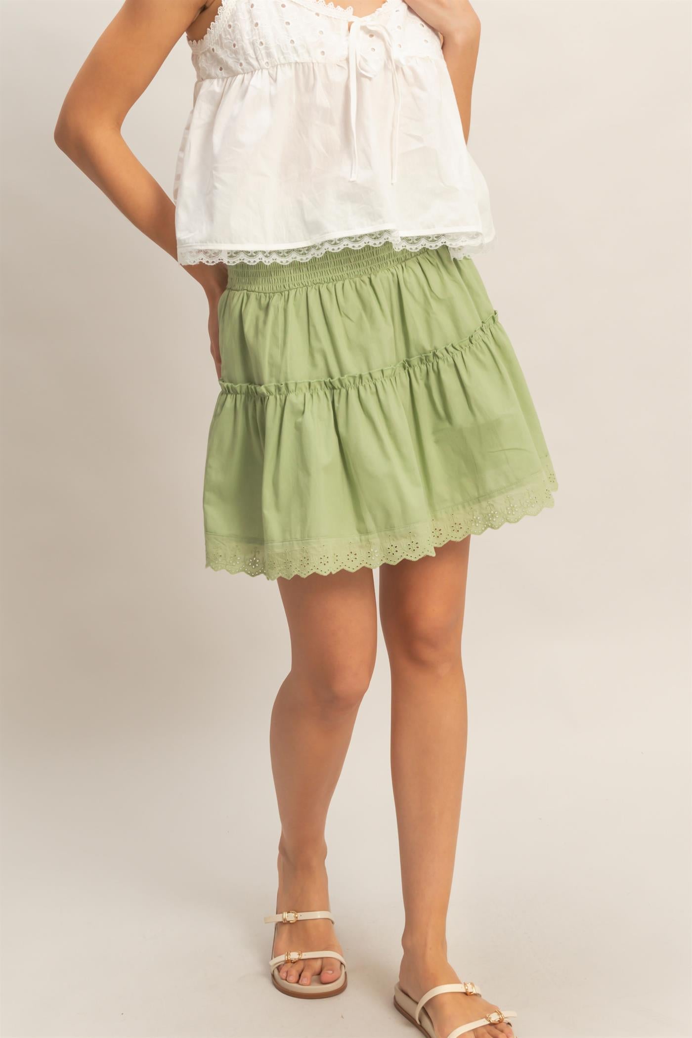 Wholesale Smocked Waist Layered Skirt Skirts HF26A781 LIGHT OLIVE HYFVE