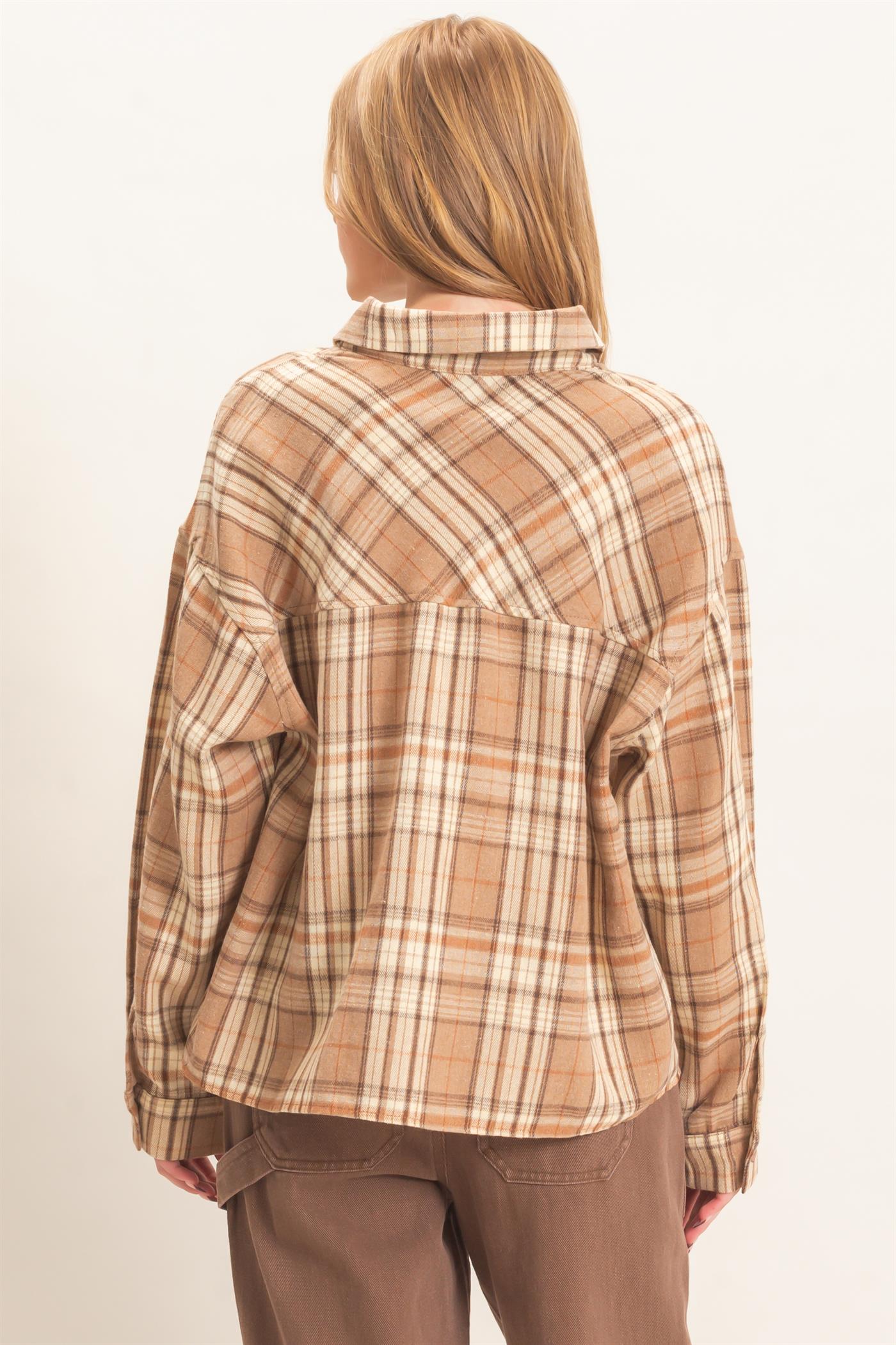 Wholesale Plaid Button-Up Shirt Clothing Tops HF26E467 MOCHA HYFVE