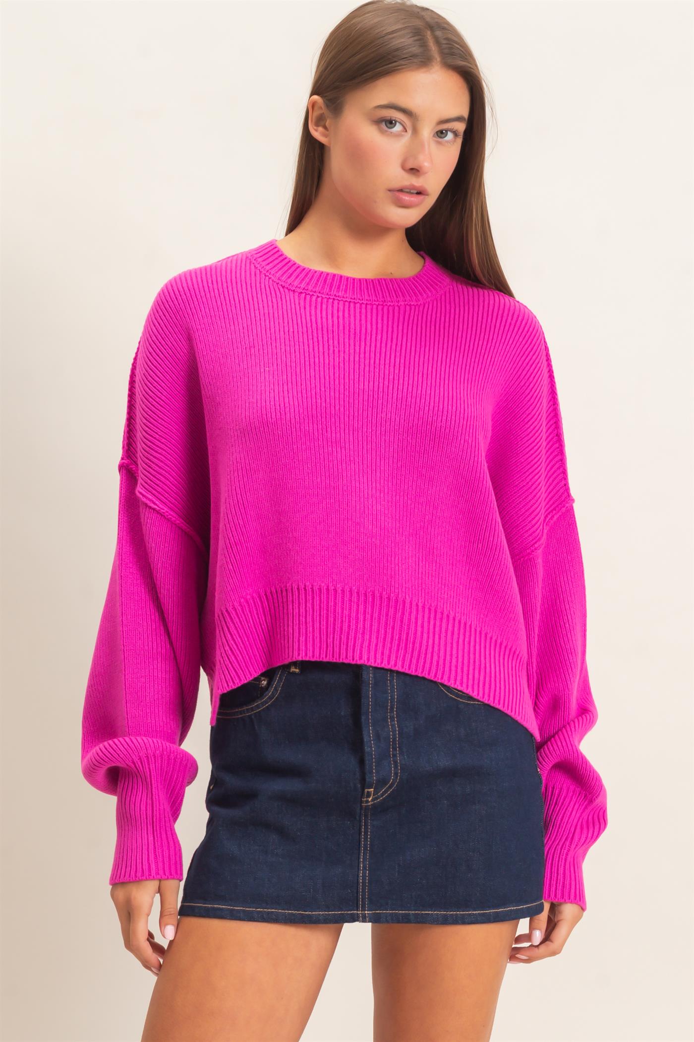 Wholesale Ribbed Drop Shoulder Sweater Sweaters DZ26C982 FUCHSIA DOUBLE ZERO