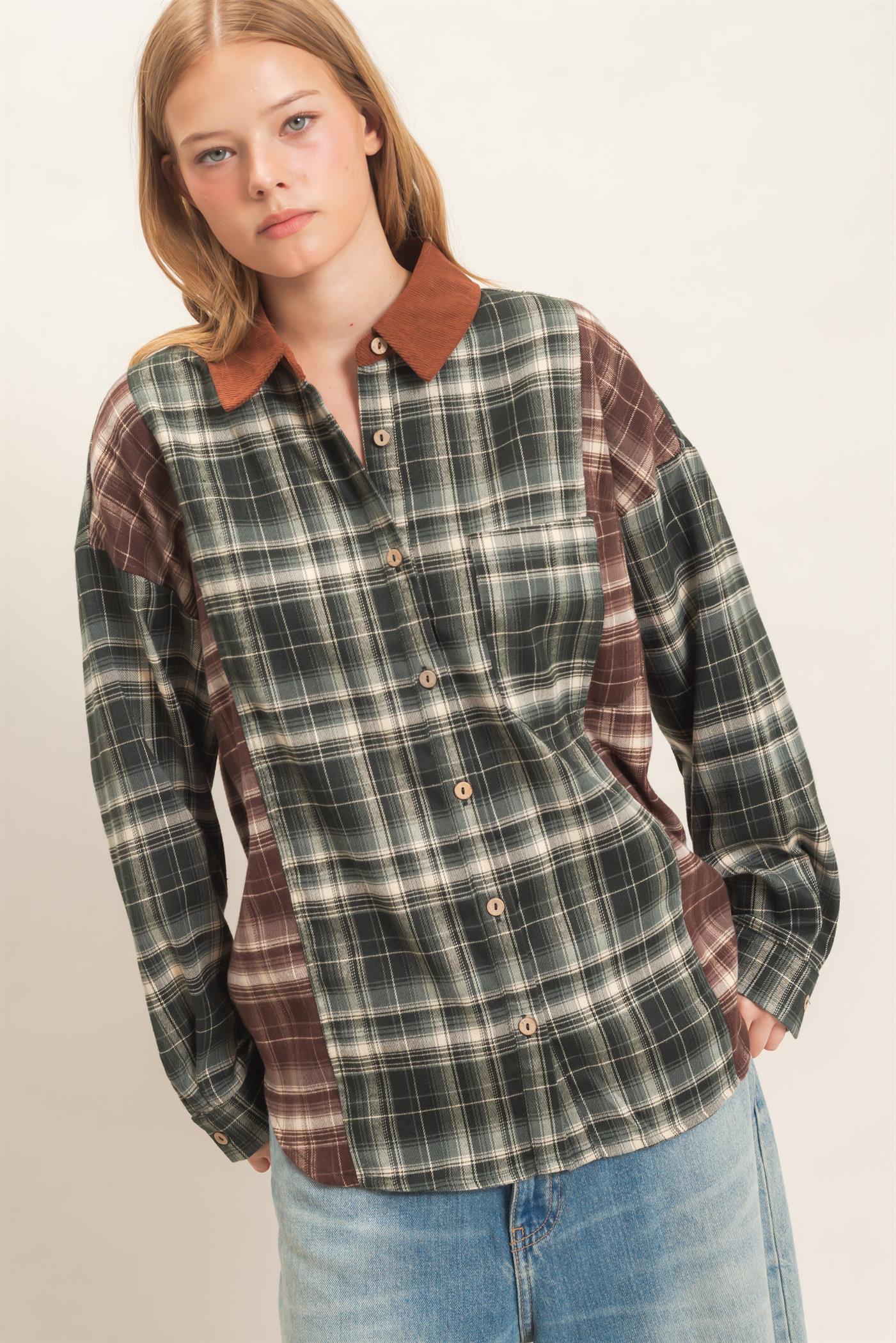 Wholesale Plaid Button-Up Shirt With Corduroy Collar Shirts HF26E157 GREEN HYFVE