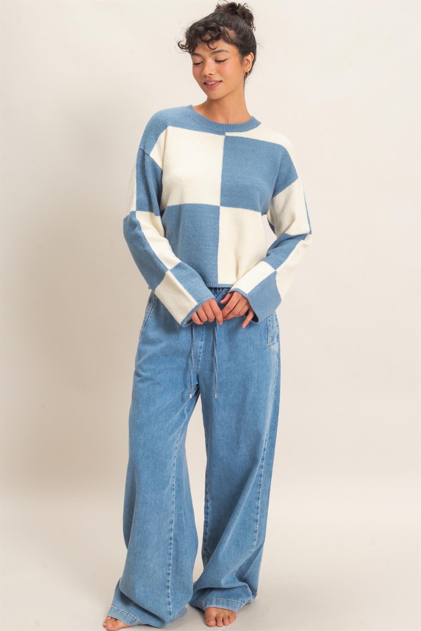 Wholesale Crew Neck Checkered Sweater Sweaters DZ26C980 DUSTY BLUE DOUBLE ZERO