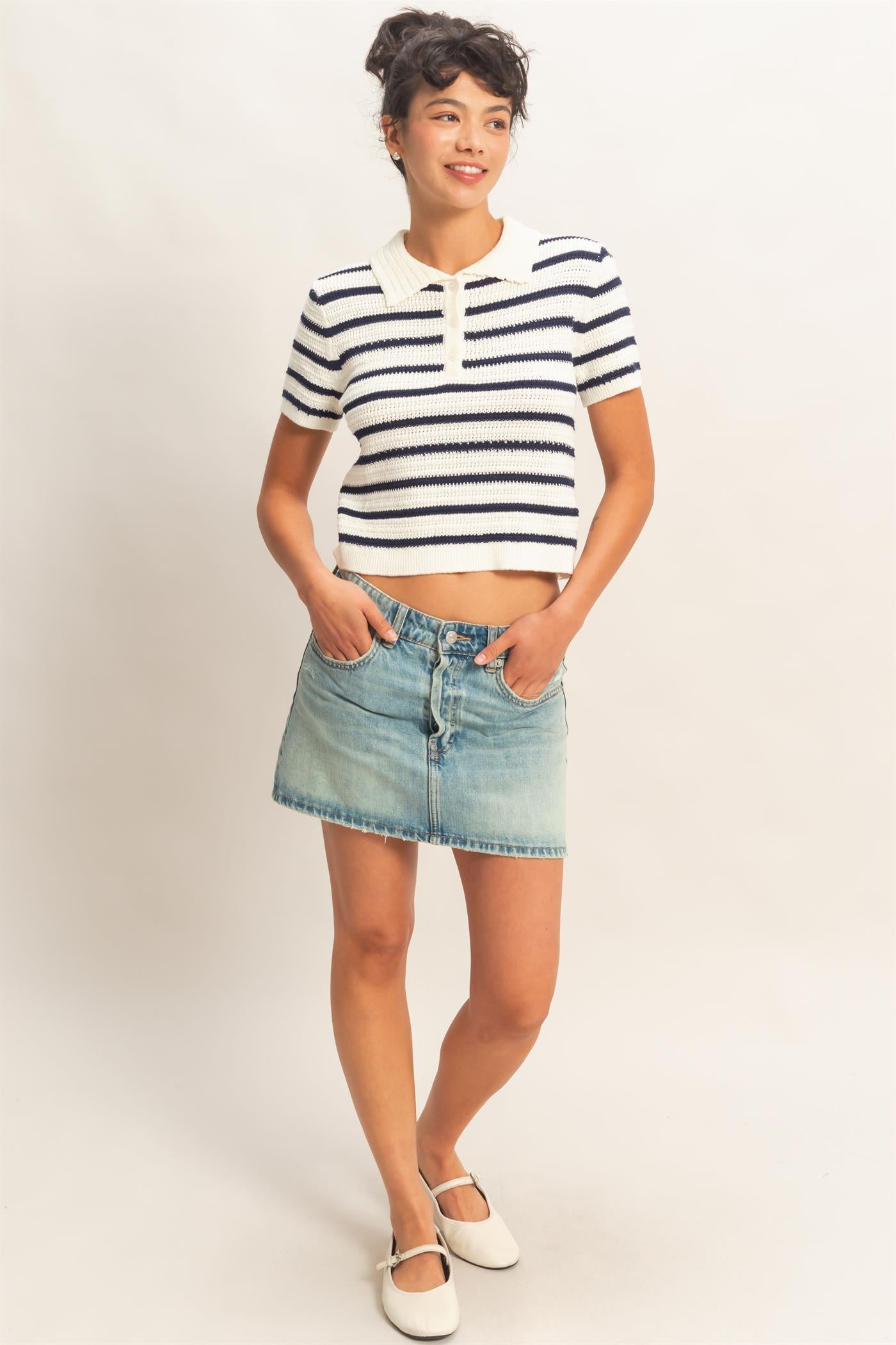 Wholesale Short Sleeve Striped Knit Polo Clothing Tops DZ26A603 NAVY DOUBLE ZERO