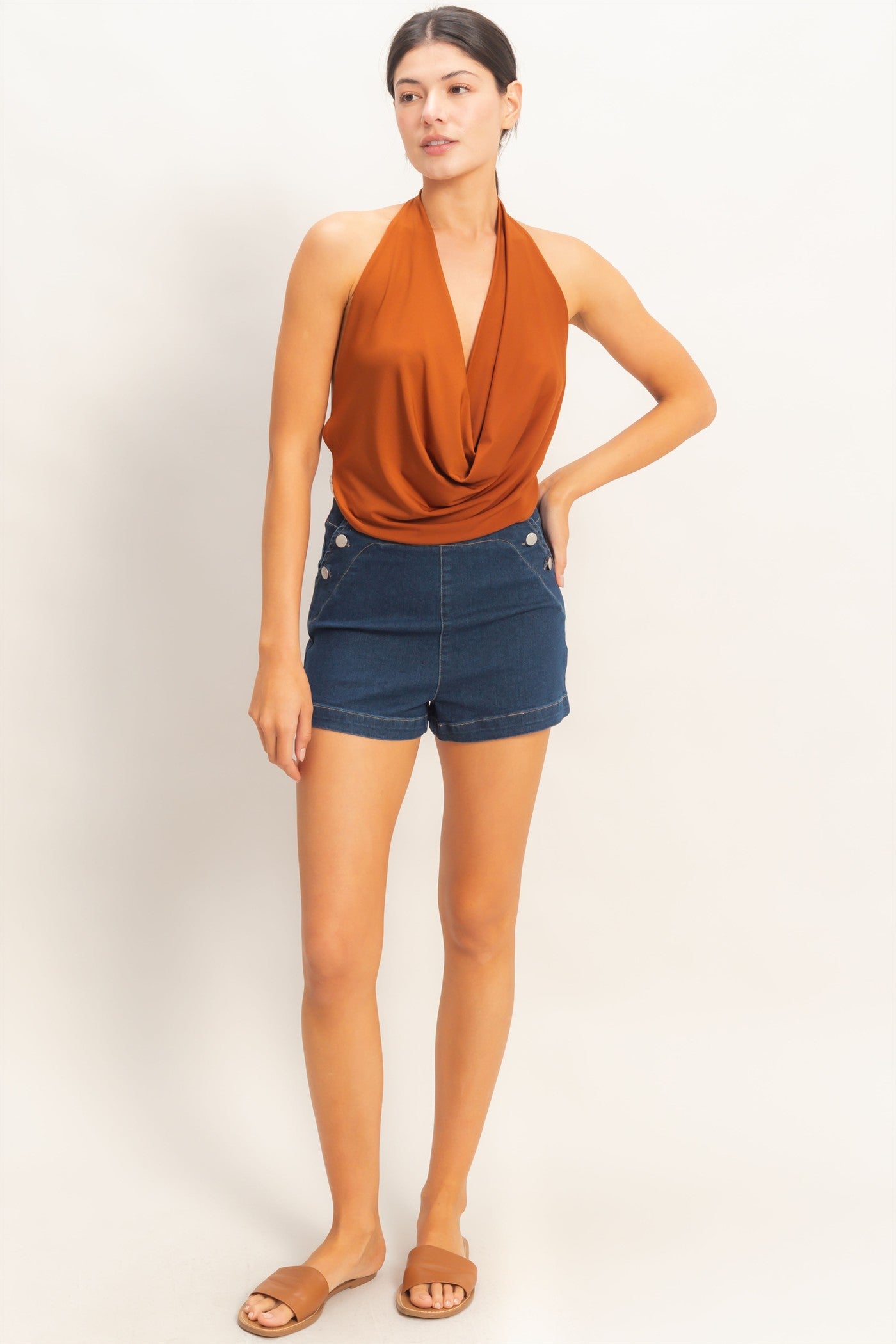 Wholesale Draped Halter Neck Top Clothing Tops HF26E353 BROWN HYFVE