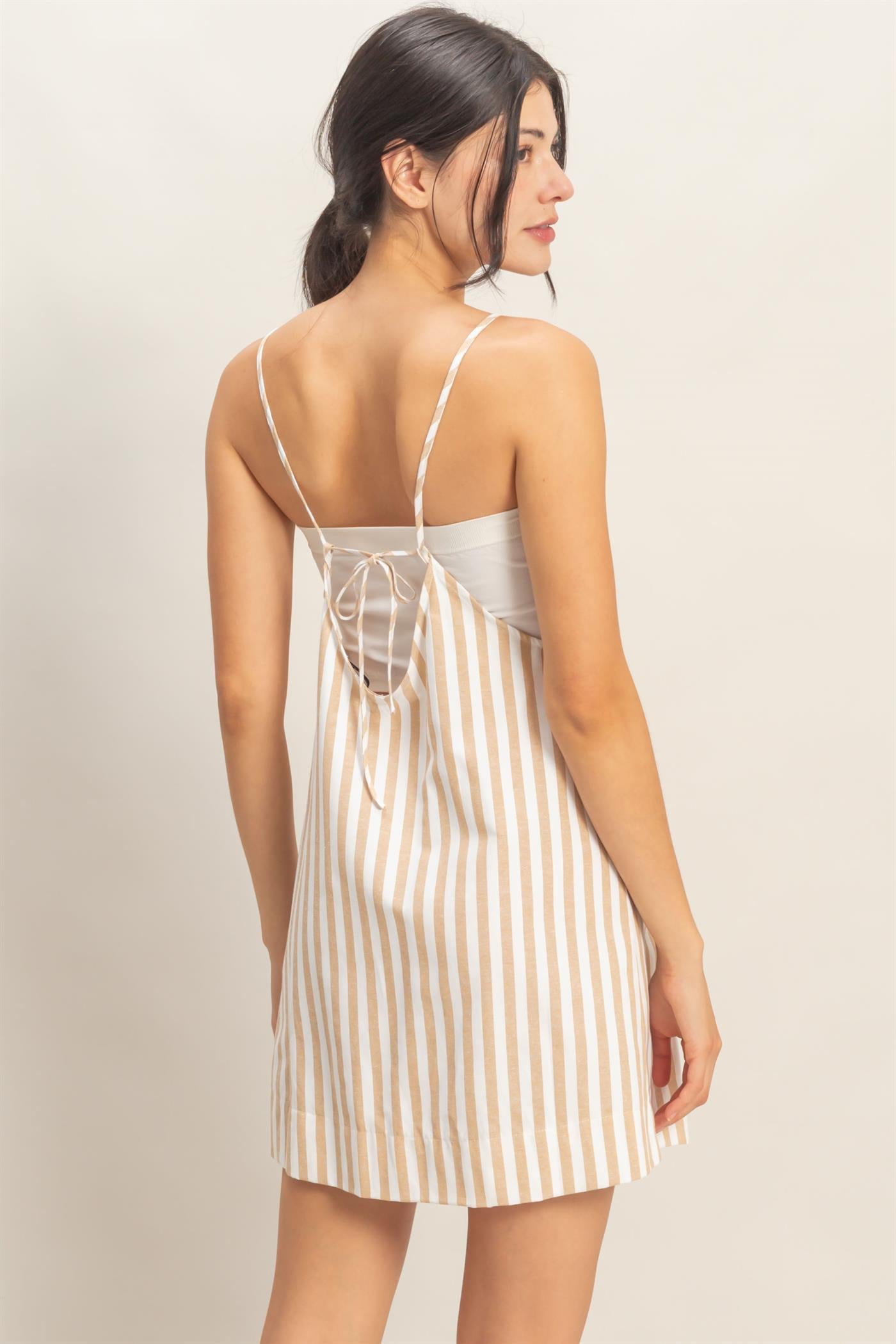 Wholesale Striped Straight Neck Mini Dress Dresses HF26C080 TAUPE HYFVE