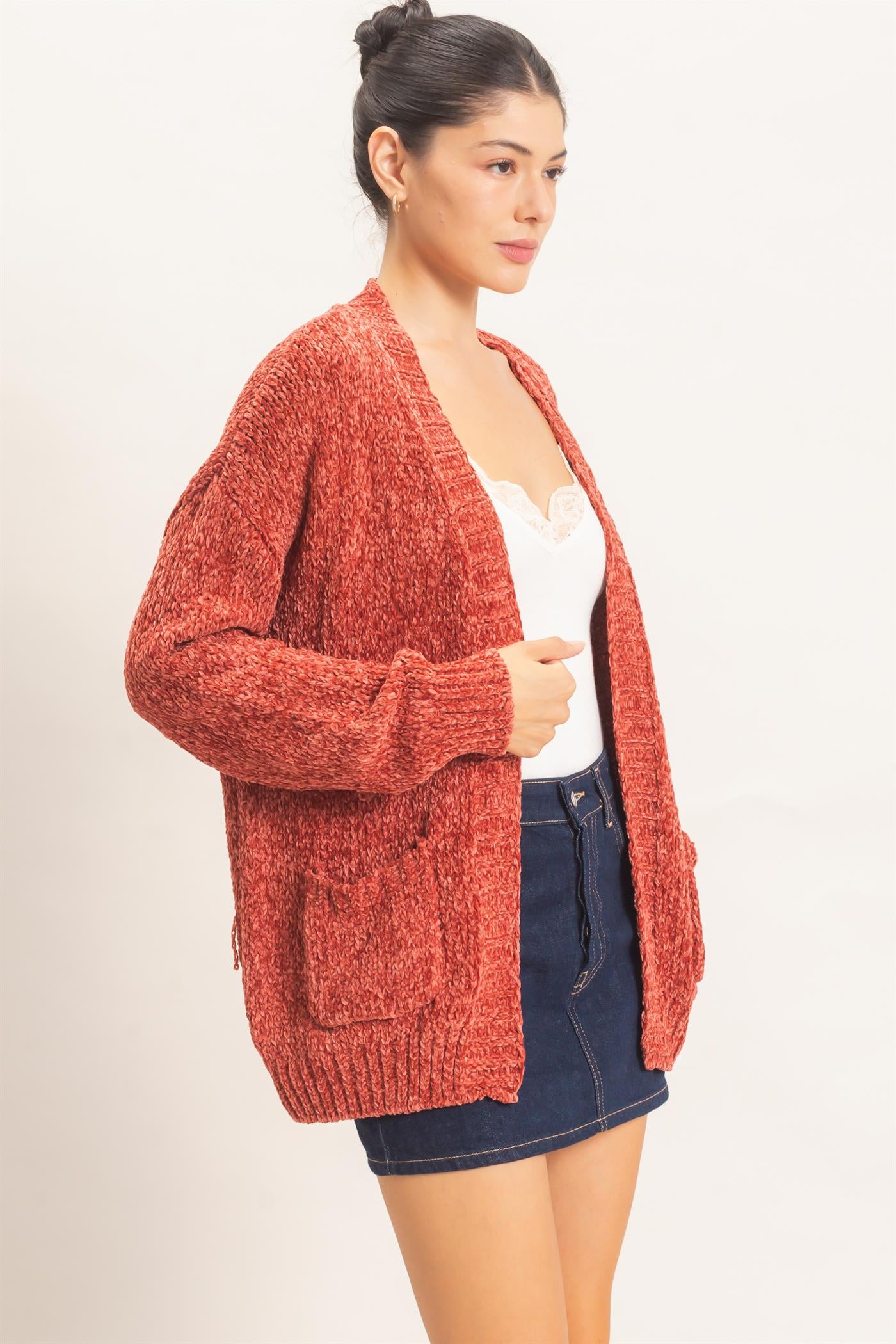 Wholesale Patch Pocket Chenille Cardigan Cardigans HF26E839 RUST HYFVE