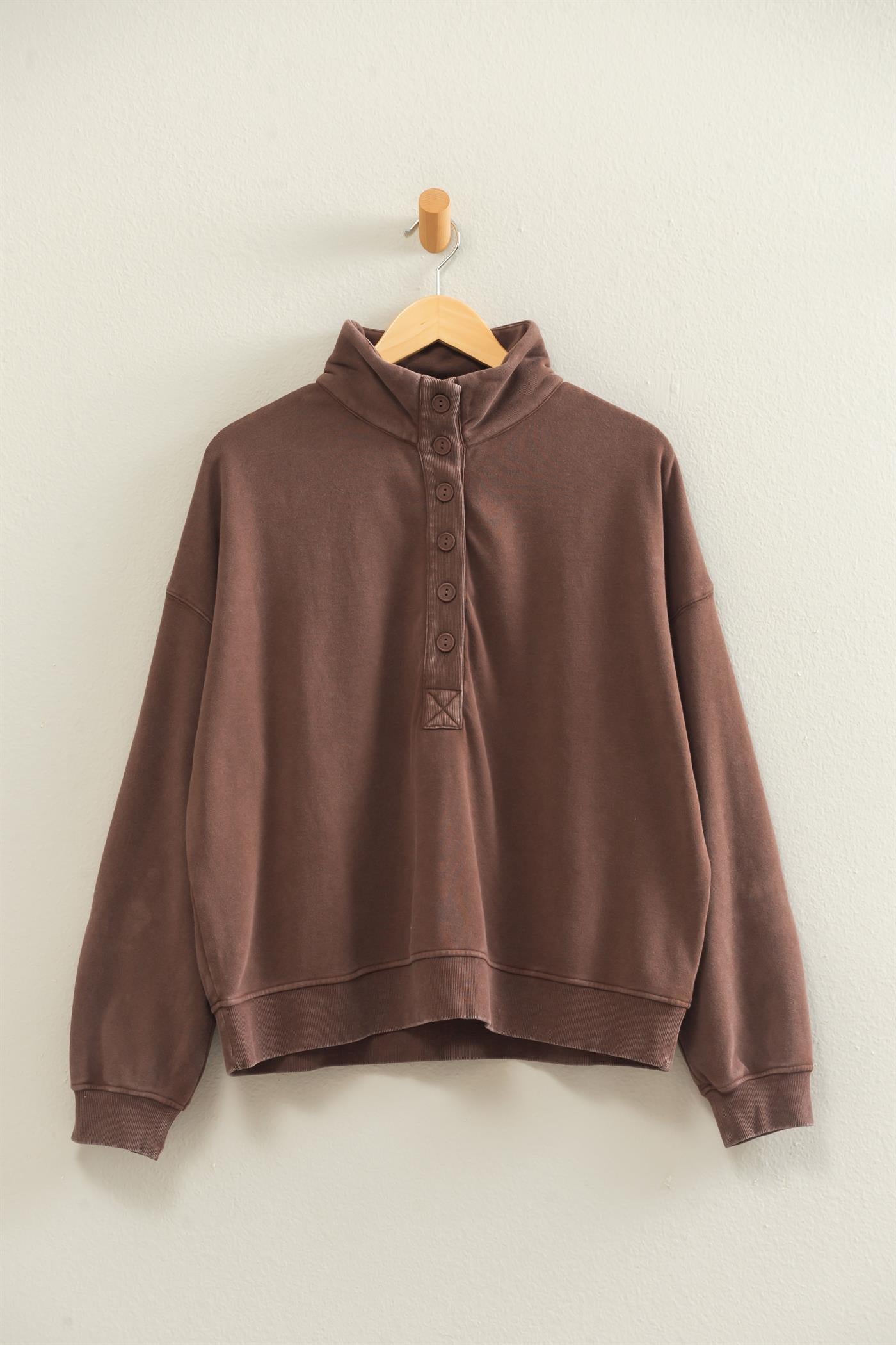Wholesale Mineral Wash Button Front Sweatshirt Sweatshirts DZ26C909 DARK BROWN DOUBLE ZERO