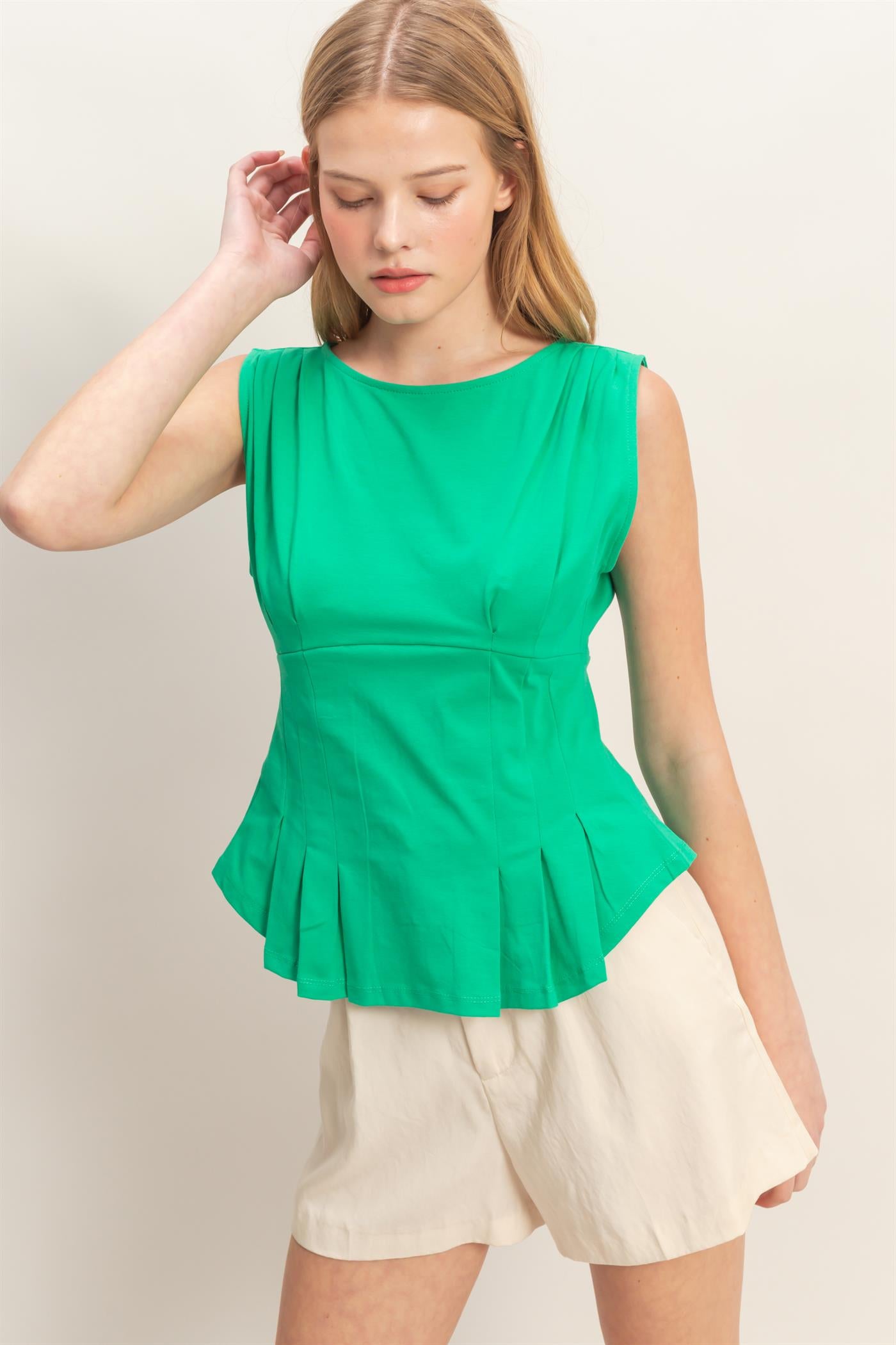 Wholesale Sleeveless Peplum Top Clothing Tops HF26A773 GREEN HYFVE