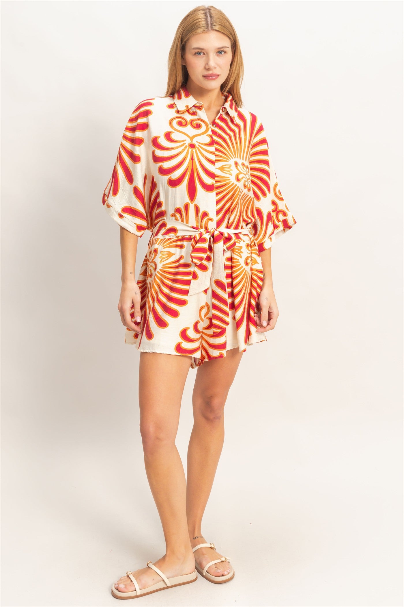 Wholesale Button-Down Print Romper Clothing HF26A003 RED HYFVE