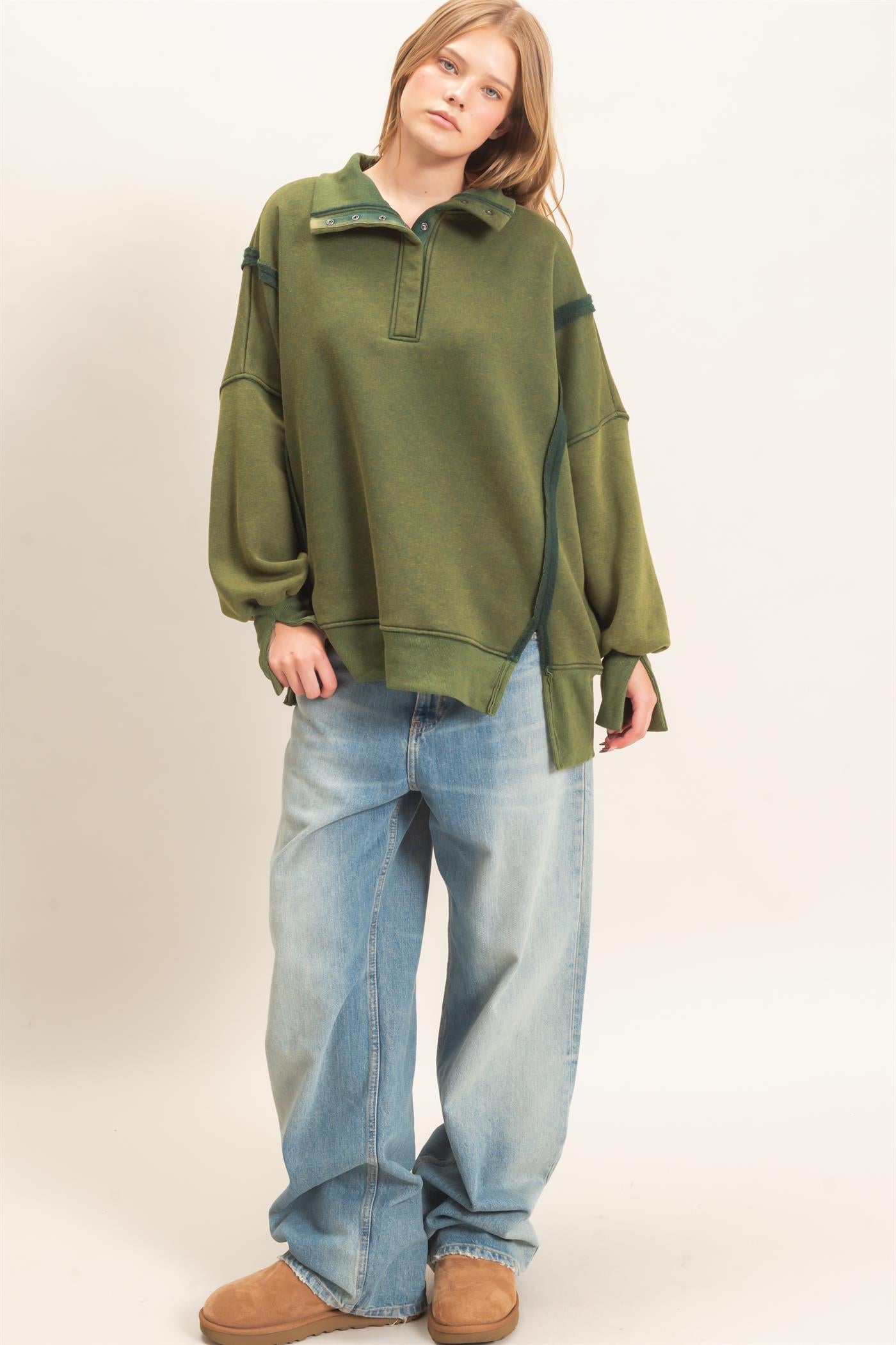 Wholesale Mineral Wash Snap Collar Pullover Clothing Tops HF26F086-D HUNTER GREEN HYFVE