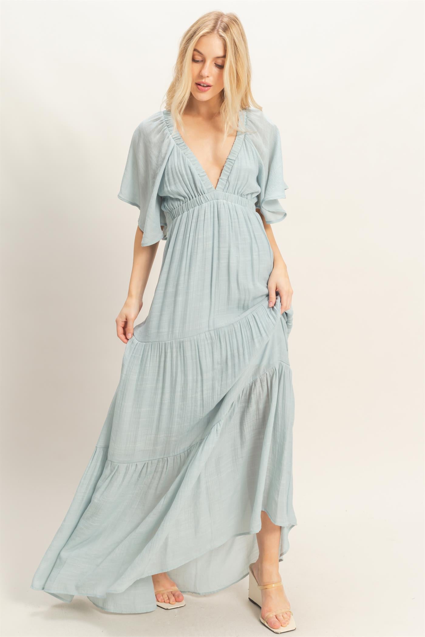 Wholesale Flutter Sleeve Maxi Dress Dresses HF26C285-D D.BLUE HYFVE