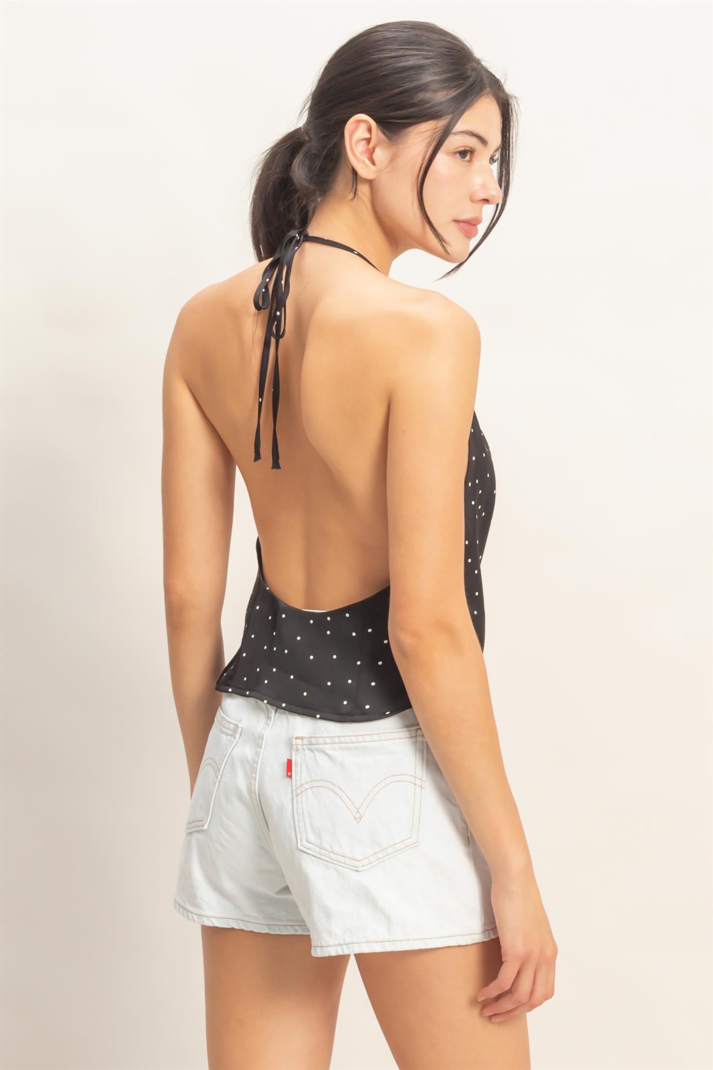 Wholesale Polka Dot Cowl Neck Halter Top Clothing Tops HF26C525 BLACK HYFVE