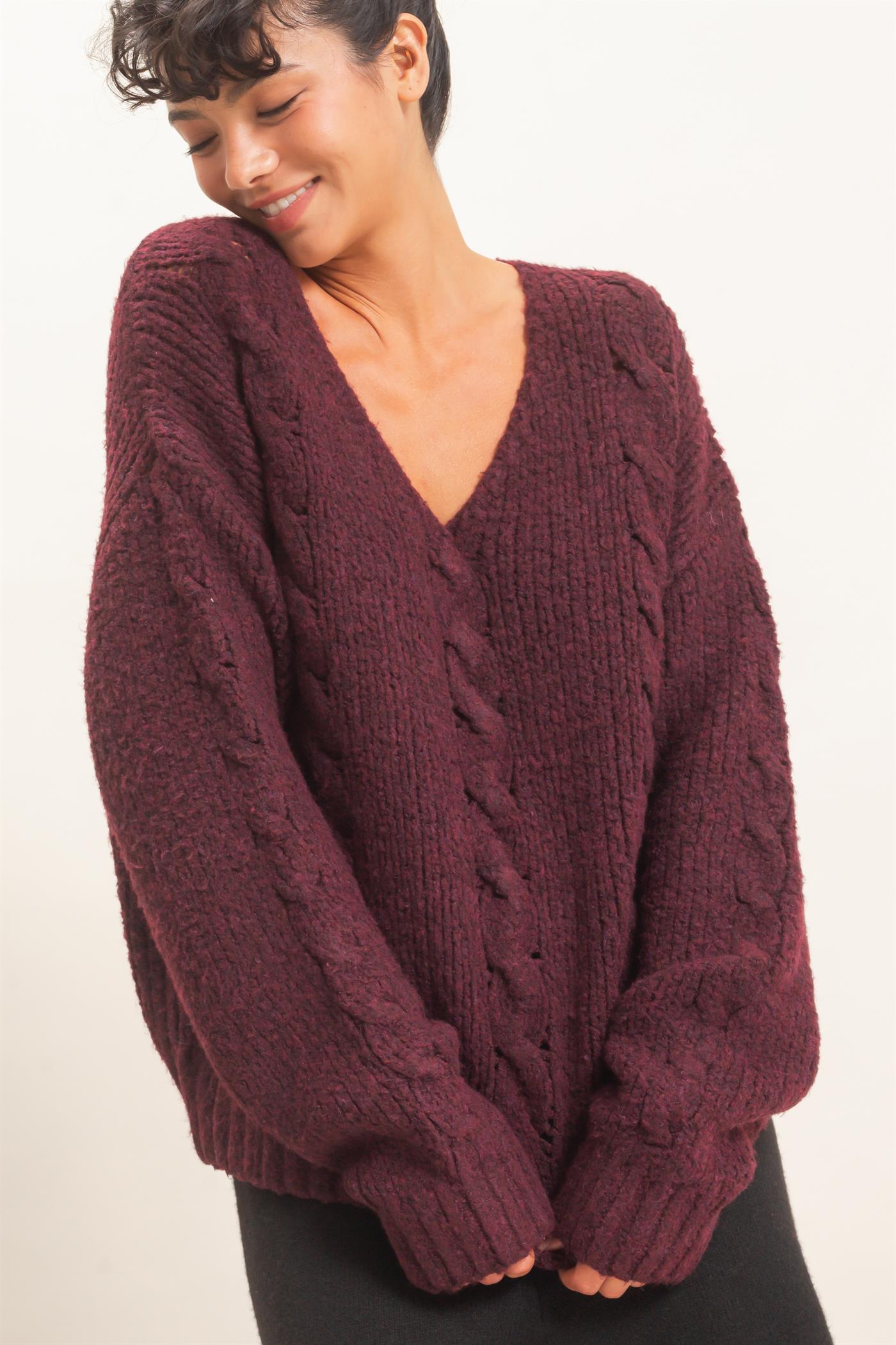 Wholesale Cable Knit V-Neck Sweater Sweaters DZ26E107 DARK CHERRY DOUBLE ZERO