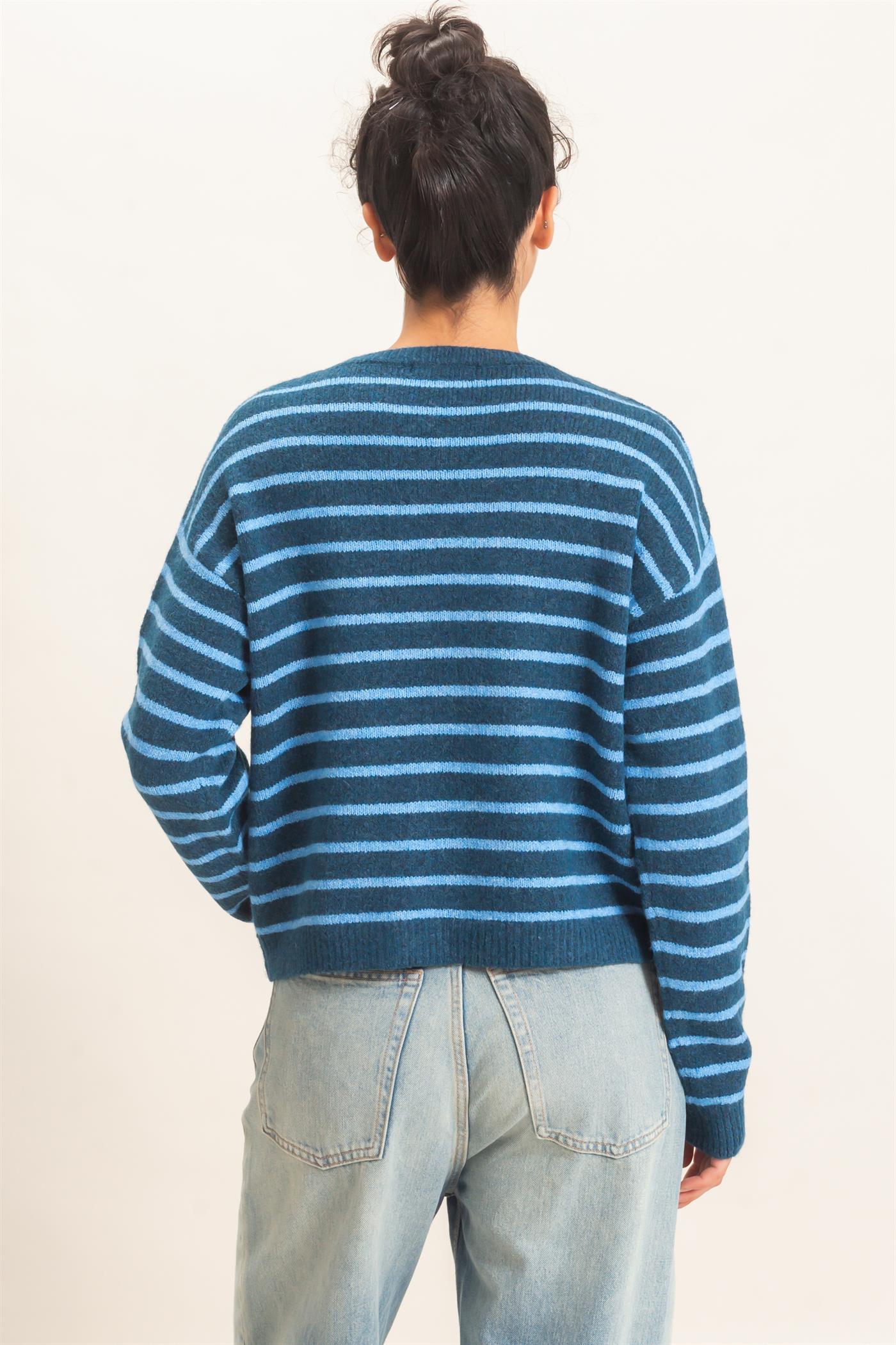 Wholesale Striped Crew Neck Sweater Sweaters DZ26C612 BLUE DOUBLE ZERO