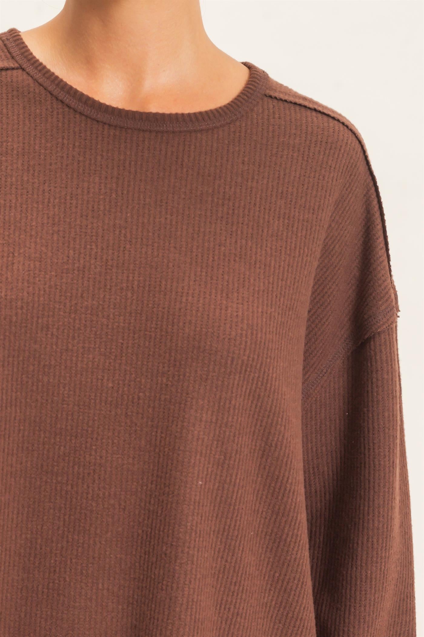Wholesale Raw Edge Waffle Sweatshirt Sweatshirts DZ26F081 DARK BROWN HYFVE