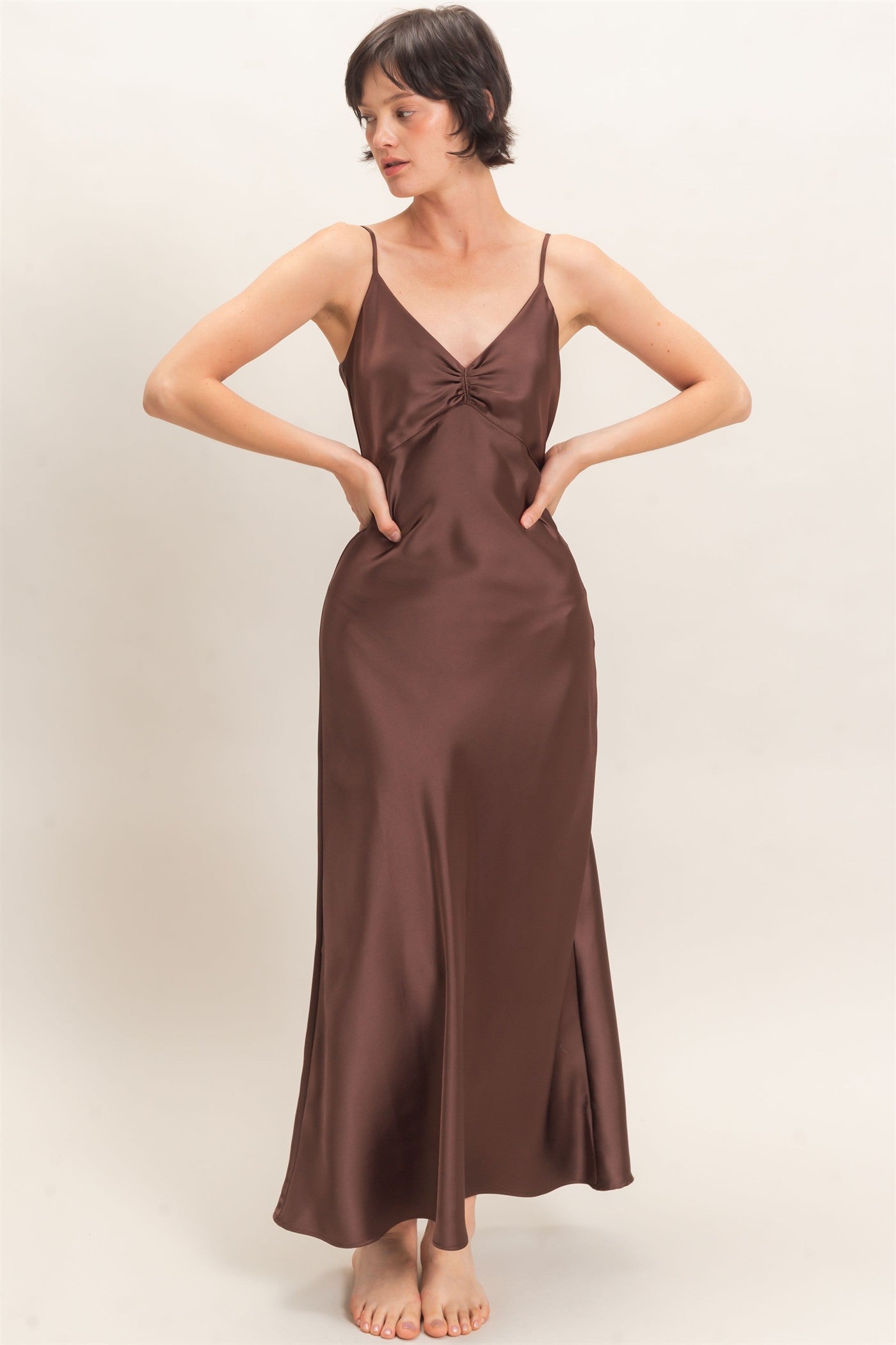 Wholesale Satin Slip Dress With Spaghetti Straps Dresses DZ26E380 DARK BROWN DOUBLE ZERO