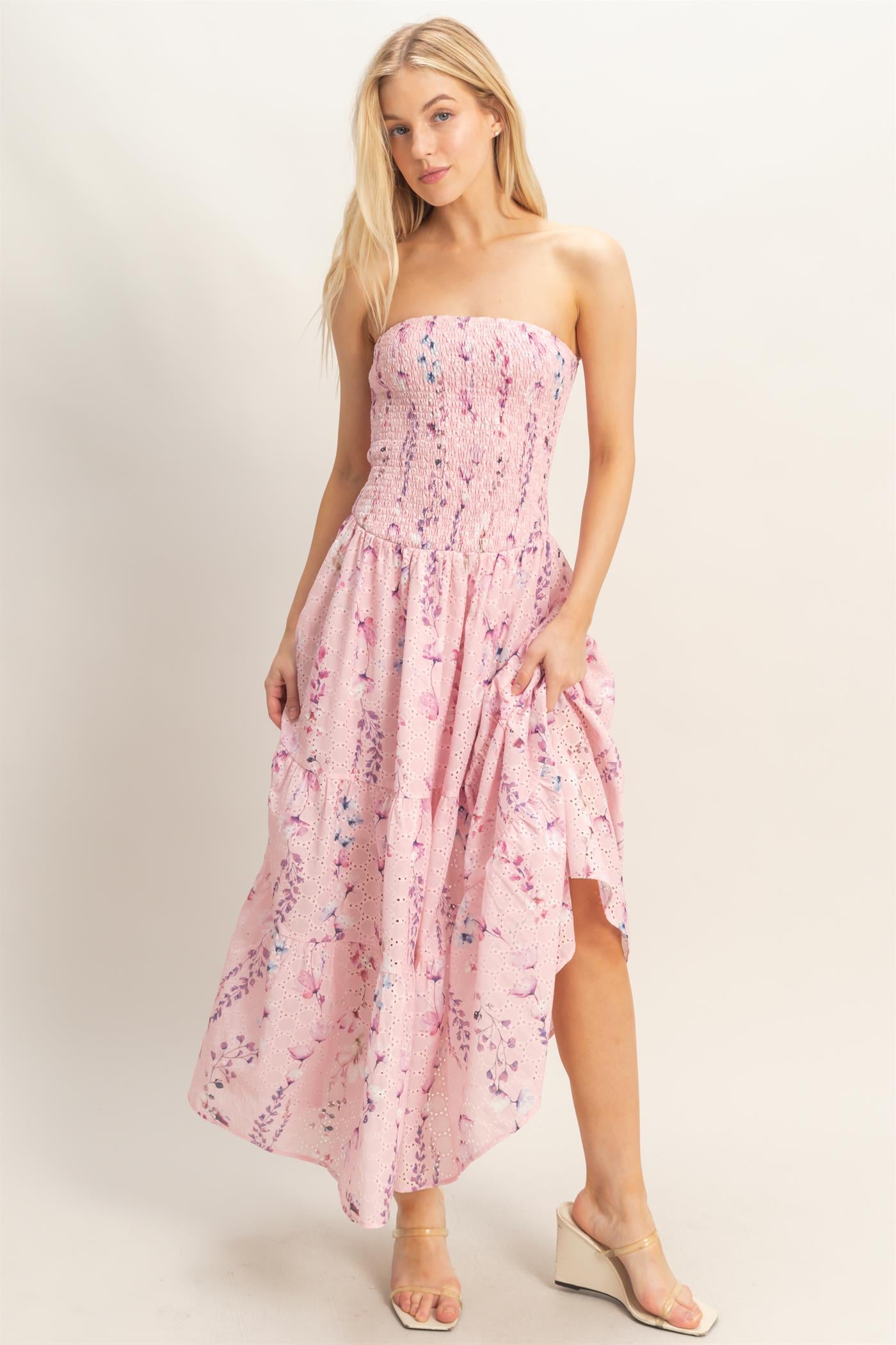 Wholesale Strapless Smocked Floral Dress Dresses HF25E642-D PINK HYFVE