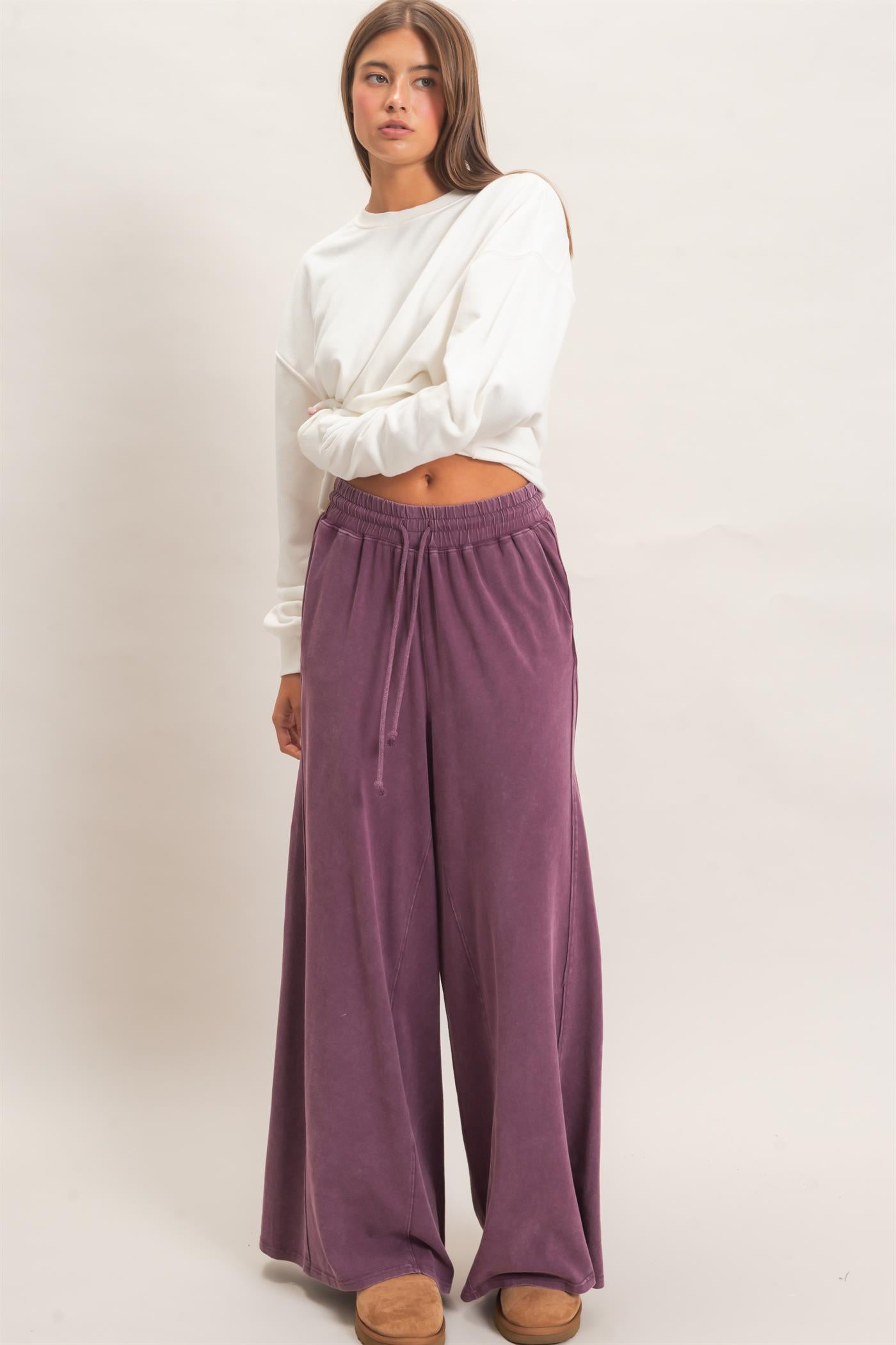 Wholesale Wide Leg Mineral Wash Pants Pants DZ26F406 DARK CHERRY DOUBLE ZERO