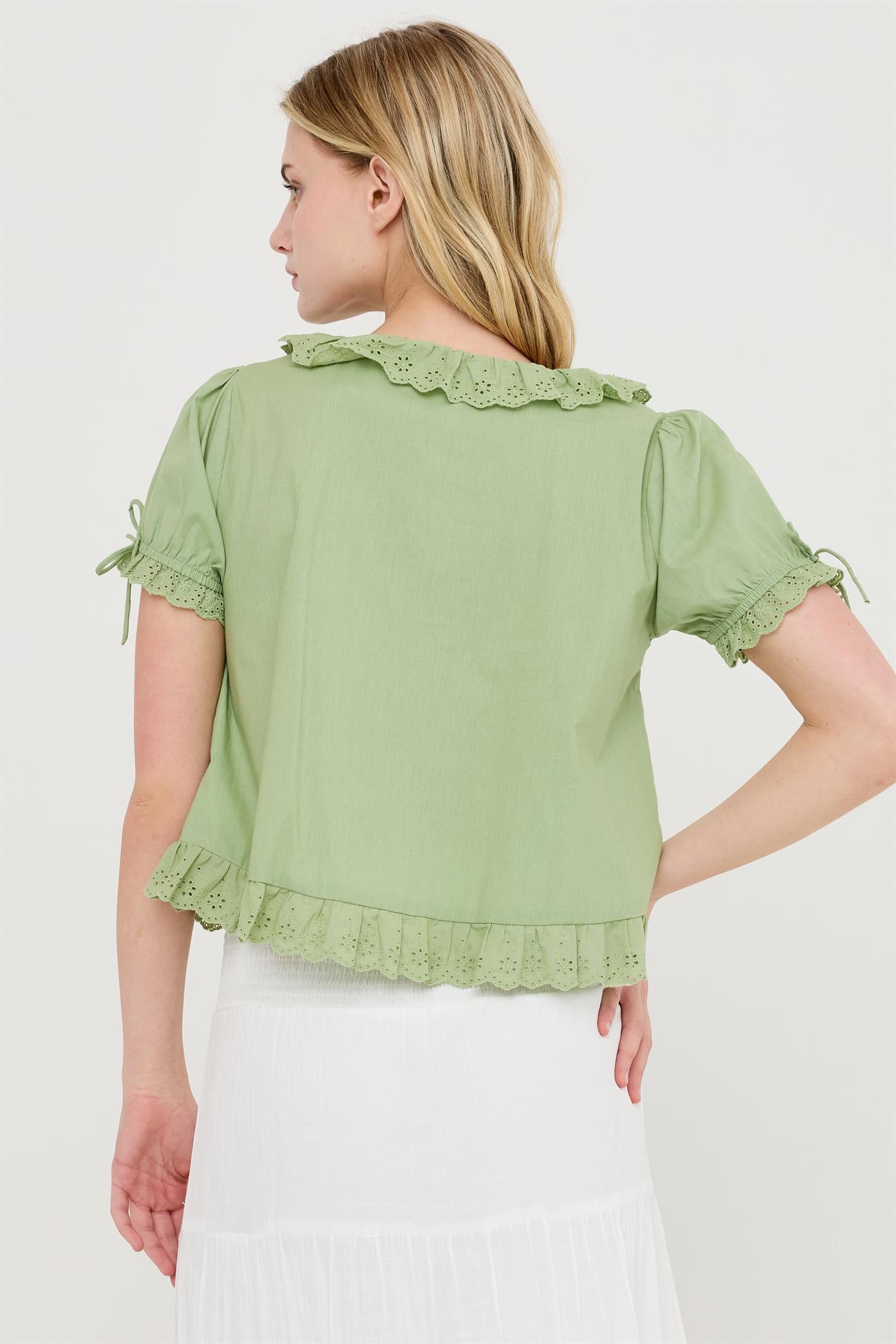 Wholesale Lace Trim Peasant Top Blouses HF26C137 LIGHT OLIVE HYFVE