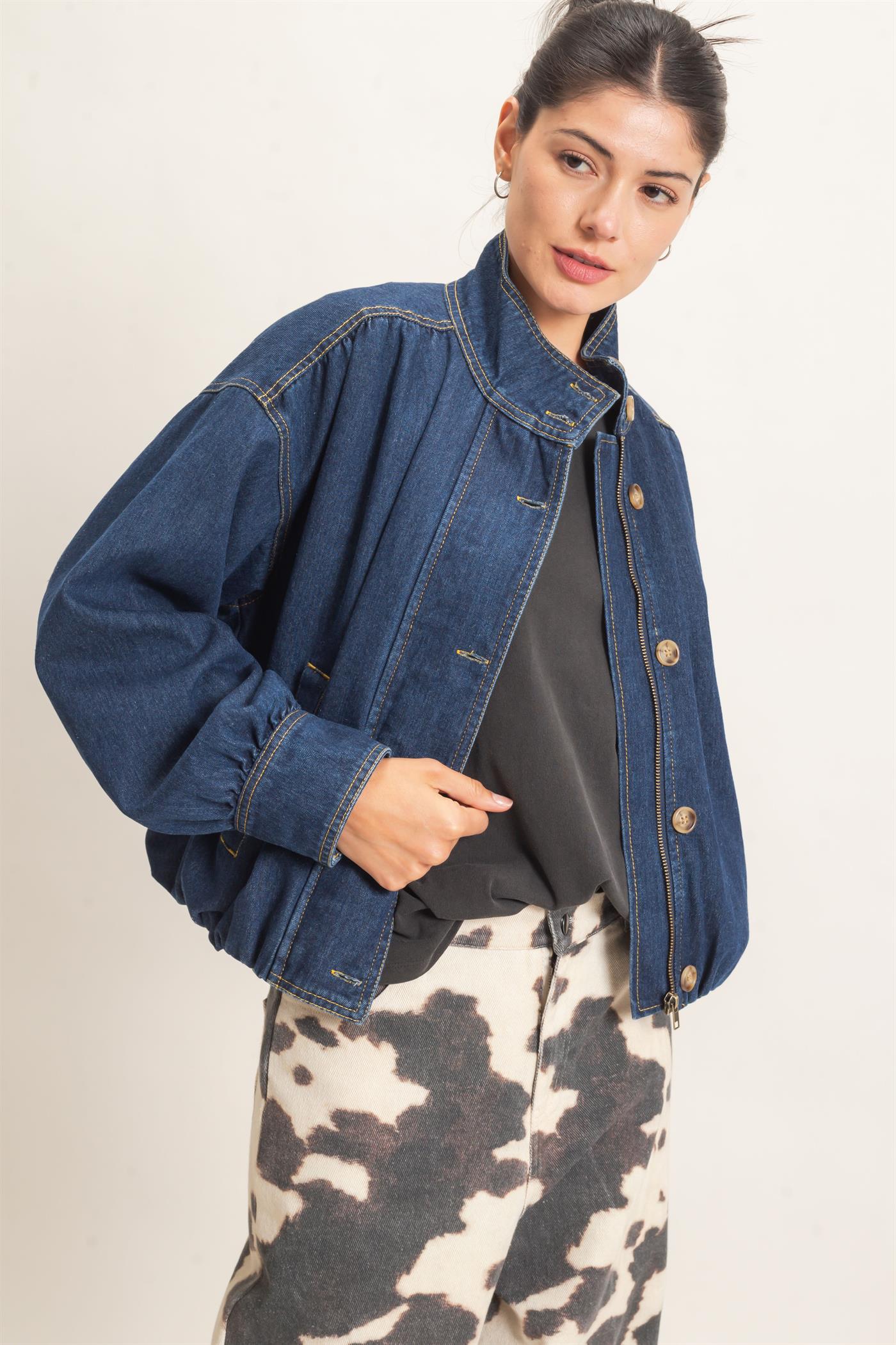 Wholesale High Collar Denim Bomber Jacket Coats & Jackets HF26E090-D DARK DENIM HYFVE