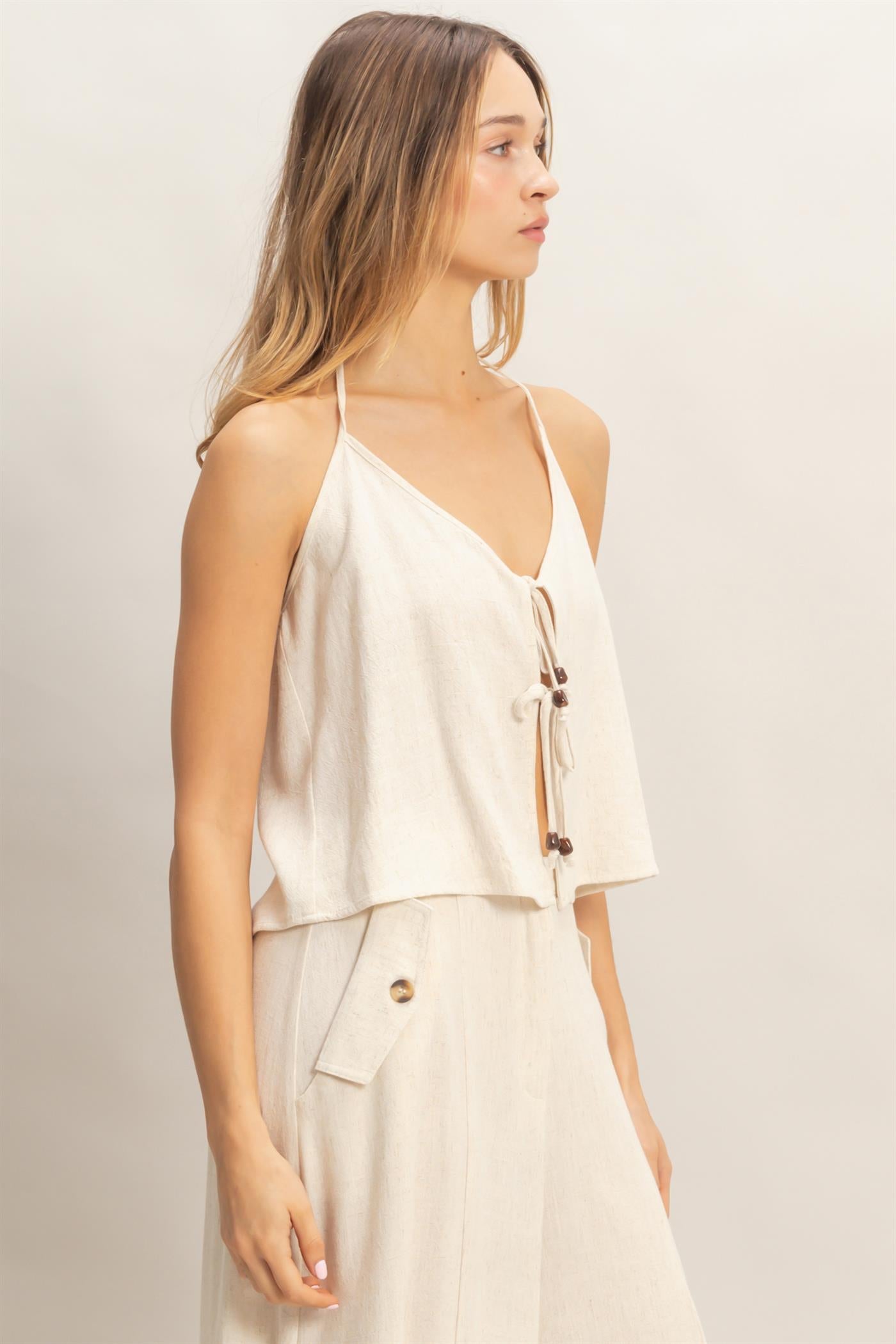 Wholesale Halter Tie Front Top With Beads Detail Blouses HF26A836 OATMEAL HYFVE