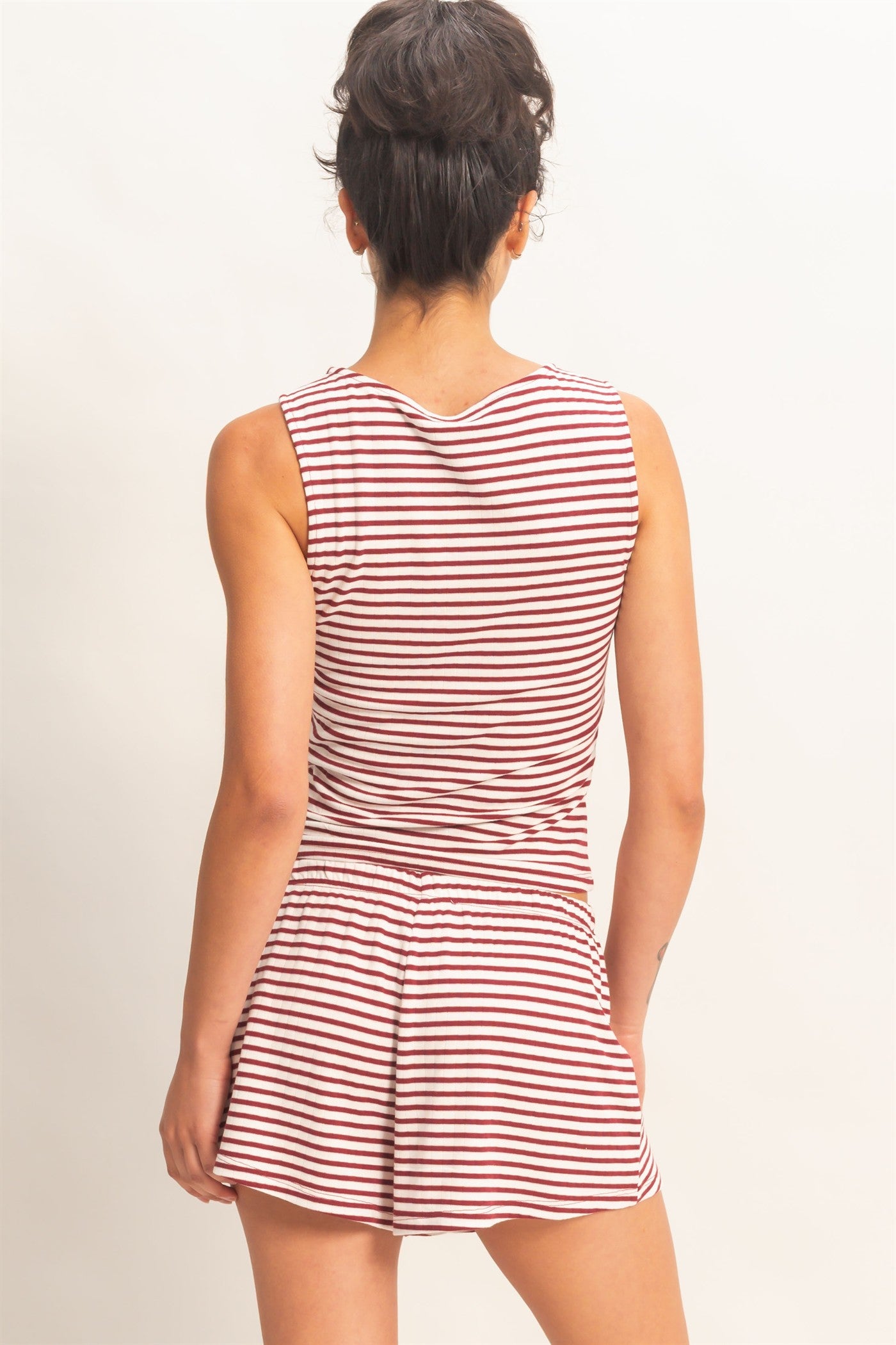 Wholesale Striped Sleeveless Tank And Shorts Set Clothing DZ26E137-SET DARK RED DOUBLE ZERO