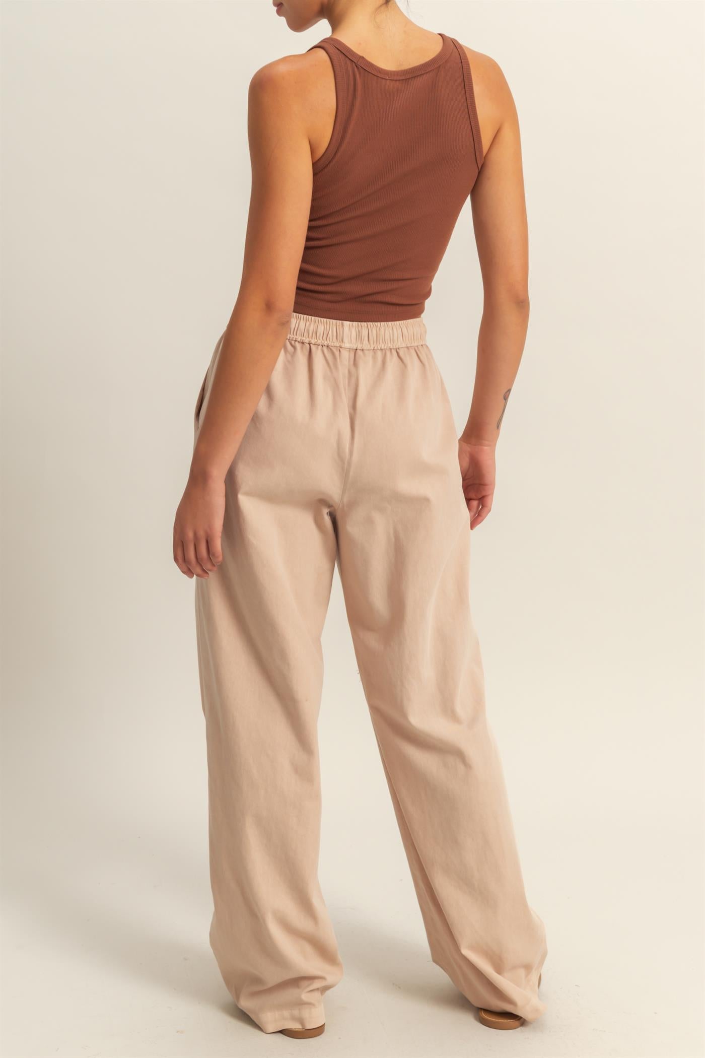 Wholesale Drawstring Waist Straight Leg Pants Pants DZ24A339 DARK TAUPE DOUBLE ZERO