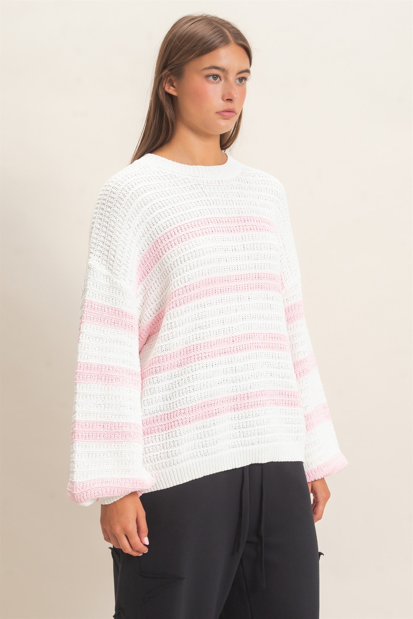 Wholesale Striped Oversized Sweater Sweaters DZ27A192 PINK DOUBLE ZERO