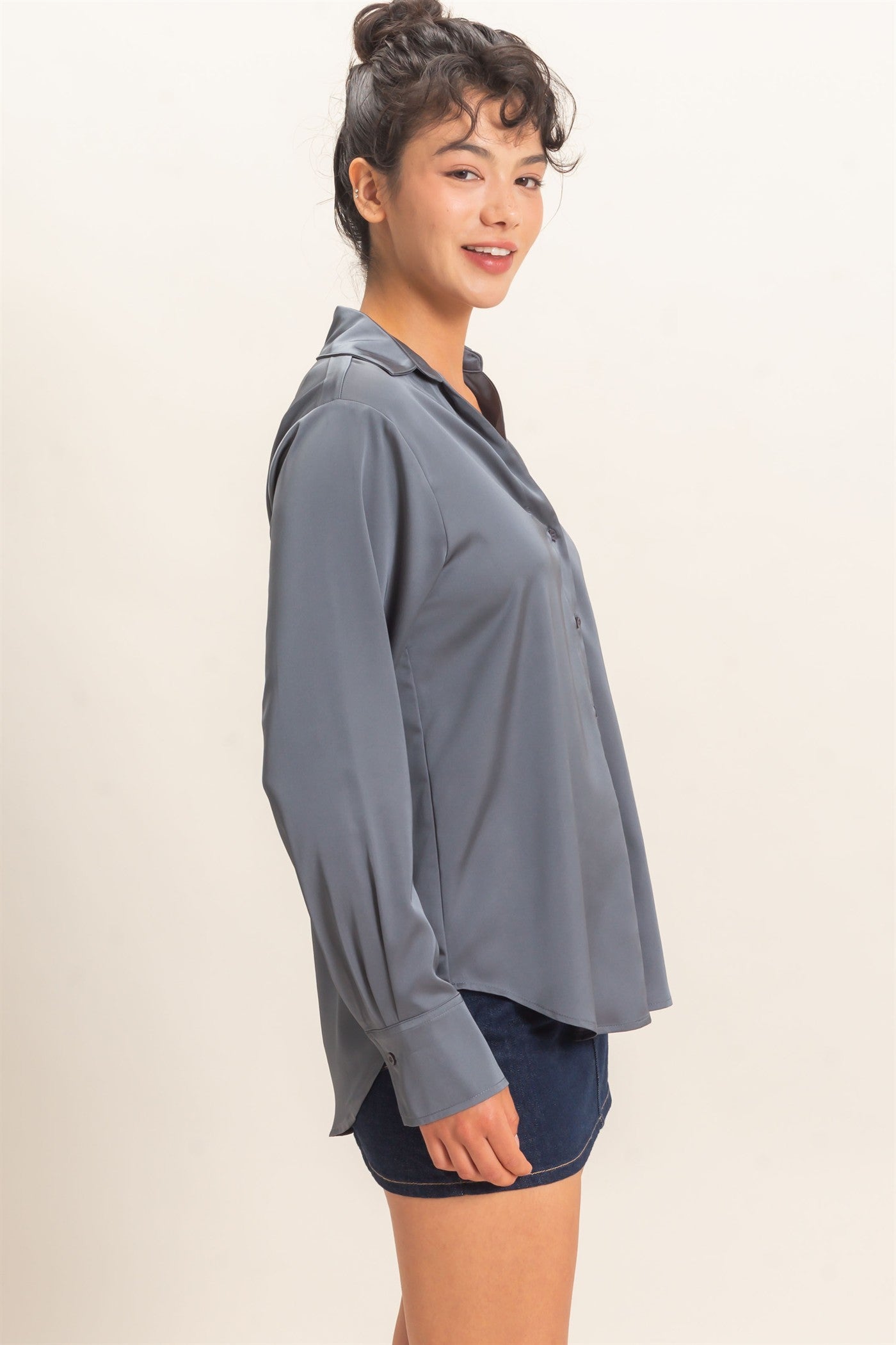 Wholesale Satin Button-Down Shirts Shirts DZ26E265 DARK GRAY DOUBLE ZERO