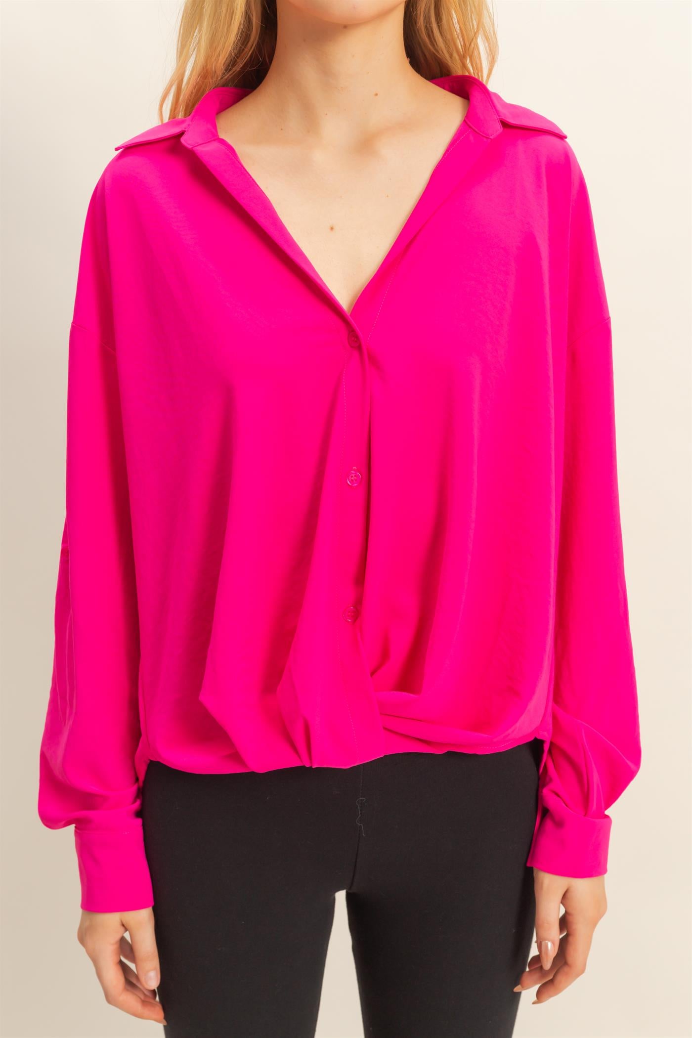Wholesale Button-Down Blouse With Flowing Fit Clothing Tops HF25C543 FUCHSIA HYFVE