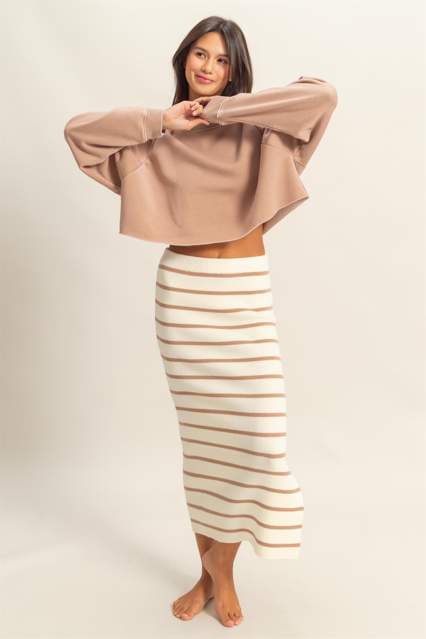 Wholesale Striped High Waist Bodycon Sweater Skirt Skirts DZ25A637 TAUPE/CREAM DOUBLE ZERO