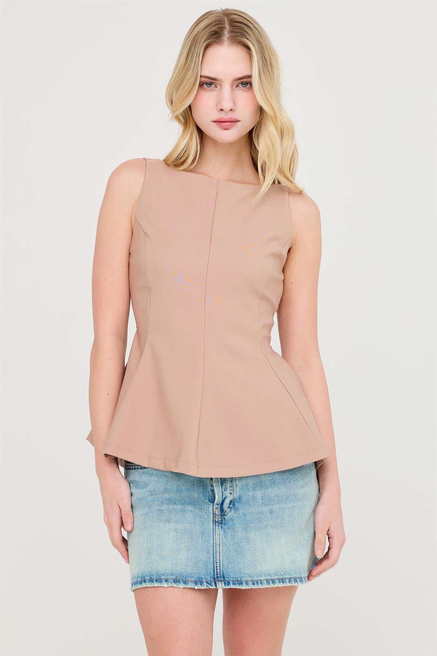 Wholesale Sleeveless Open Back Peplum Top Clothing Tops HF26A292 TAUPE HYFVE