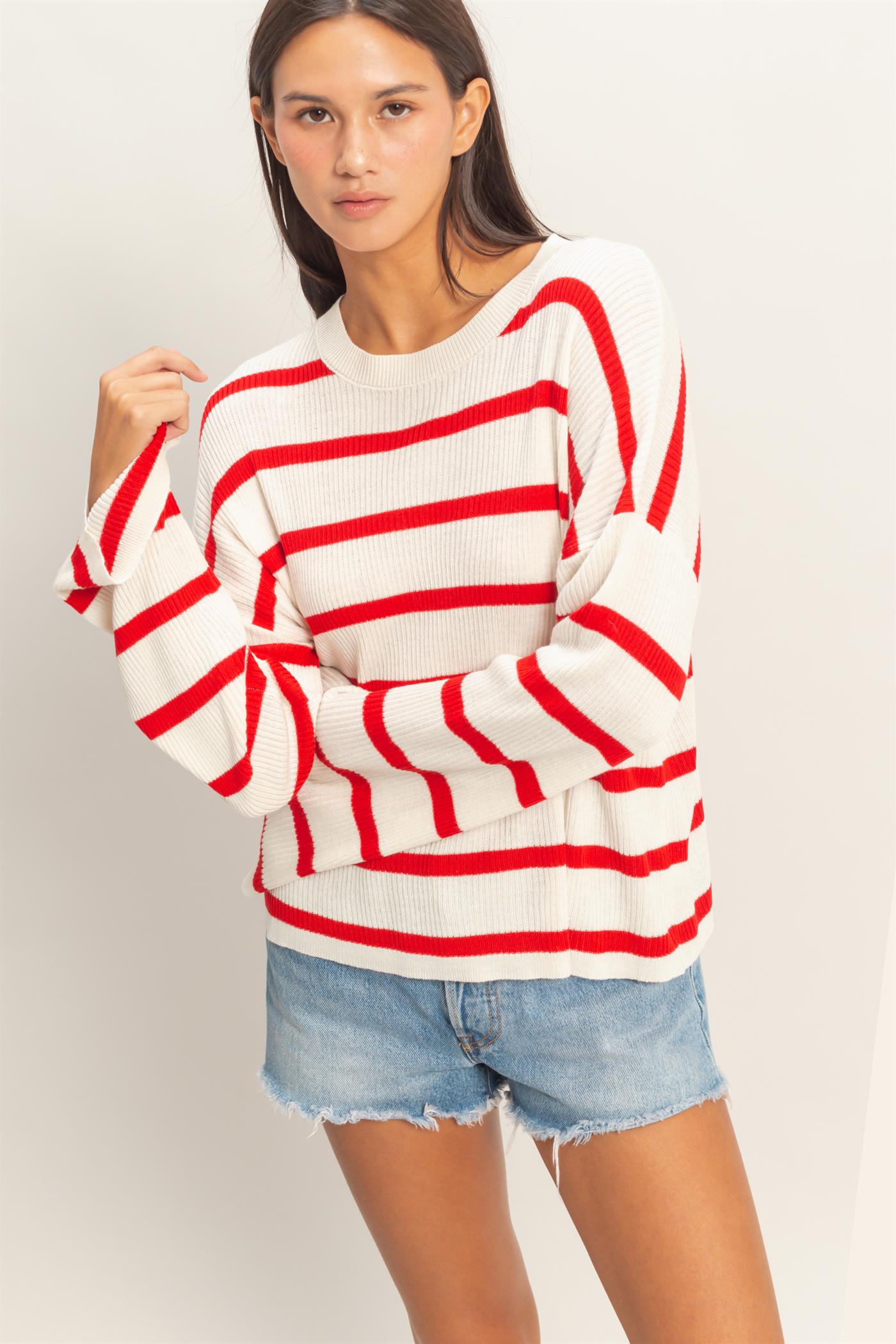 Wholesale Lightweight Wide-Sleeve Striped Sweater Clothing Tops DZ26A329 RED DOUBLE ZERO